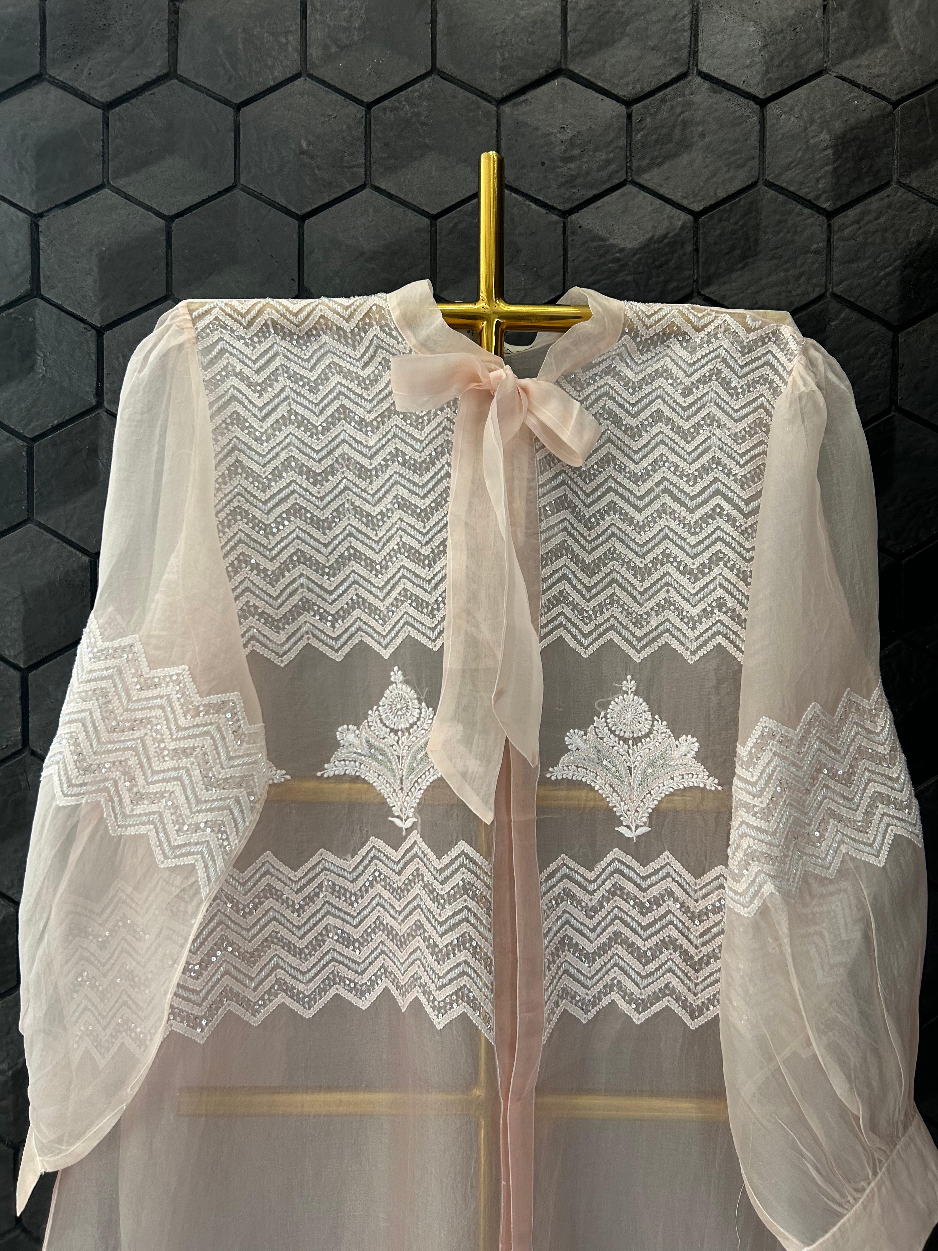 Pink organza chikankari shirt