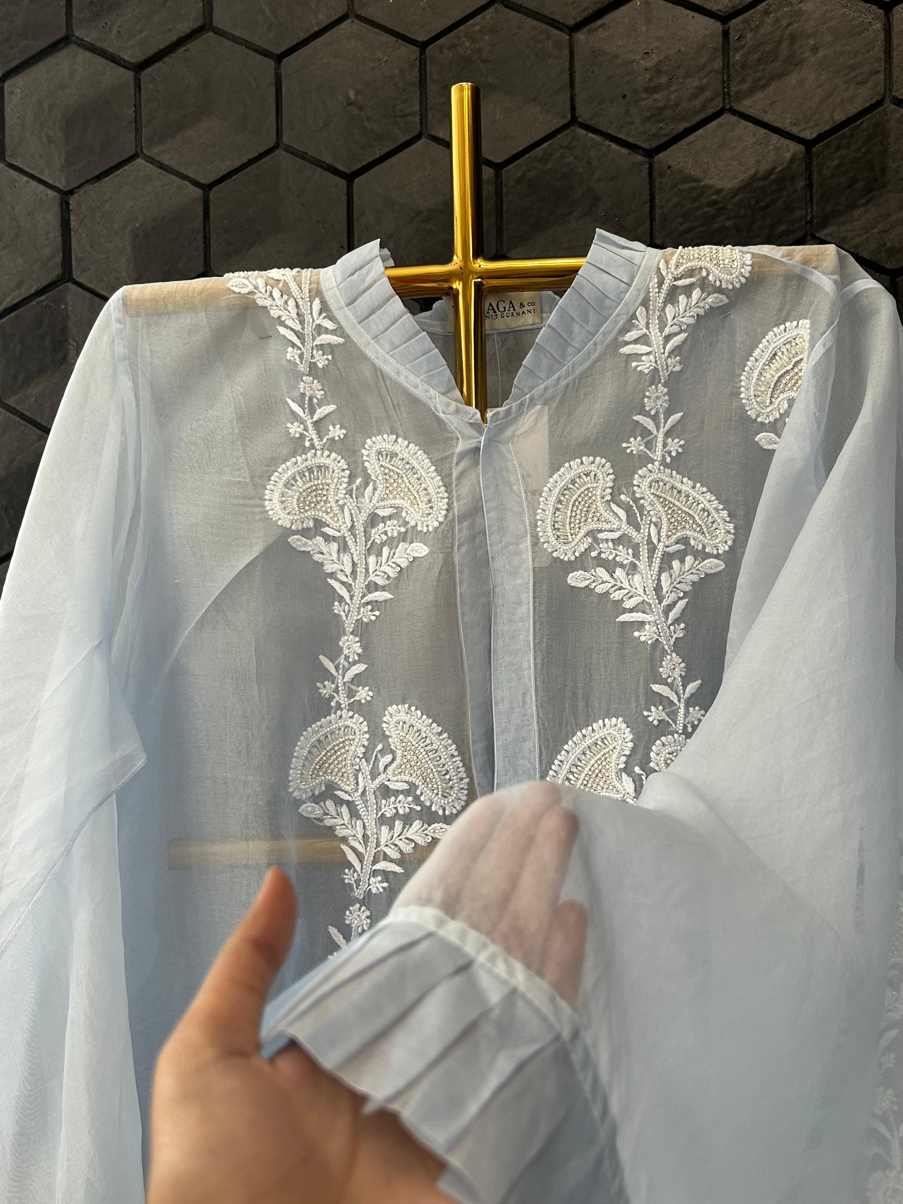 Sky blue organza chikankari shirt