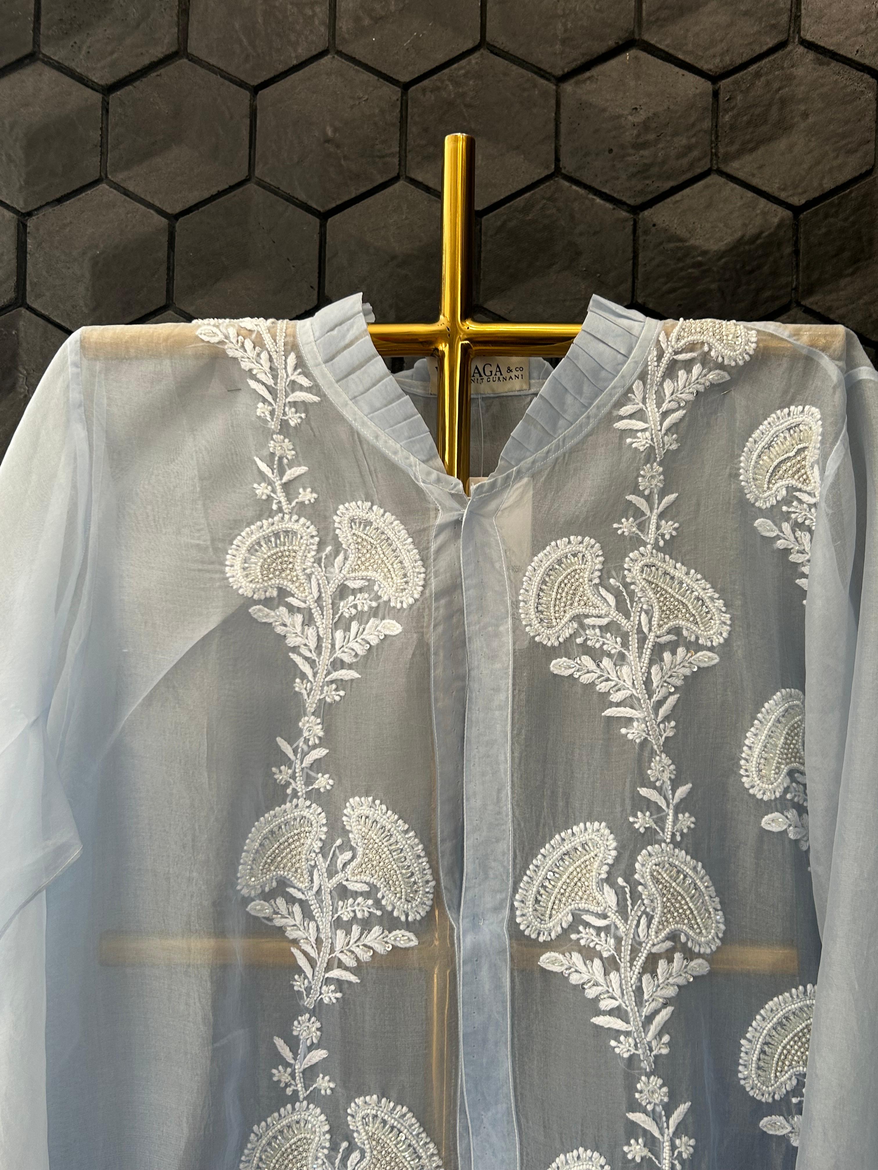 Sky blue organza chikankari shirt