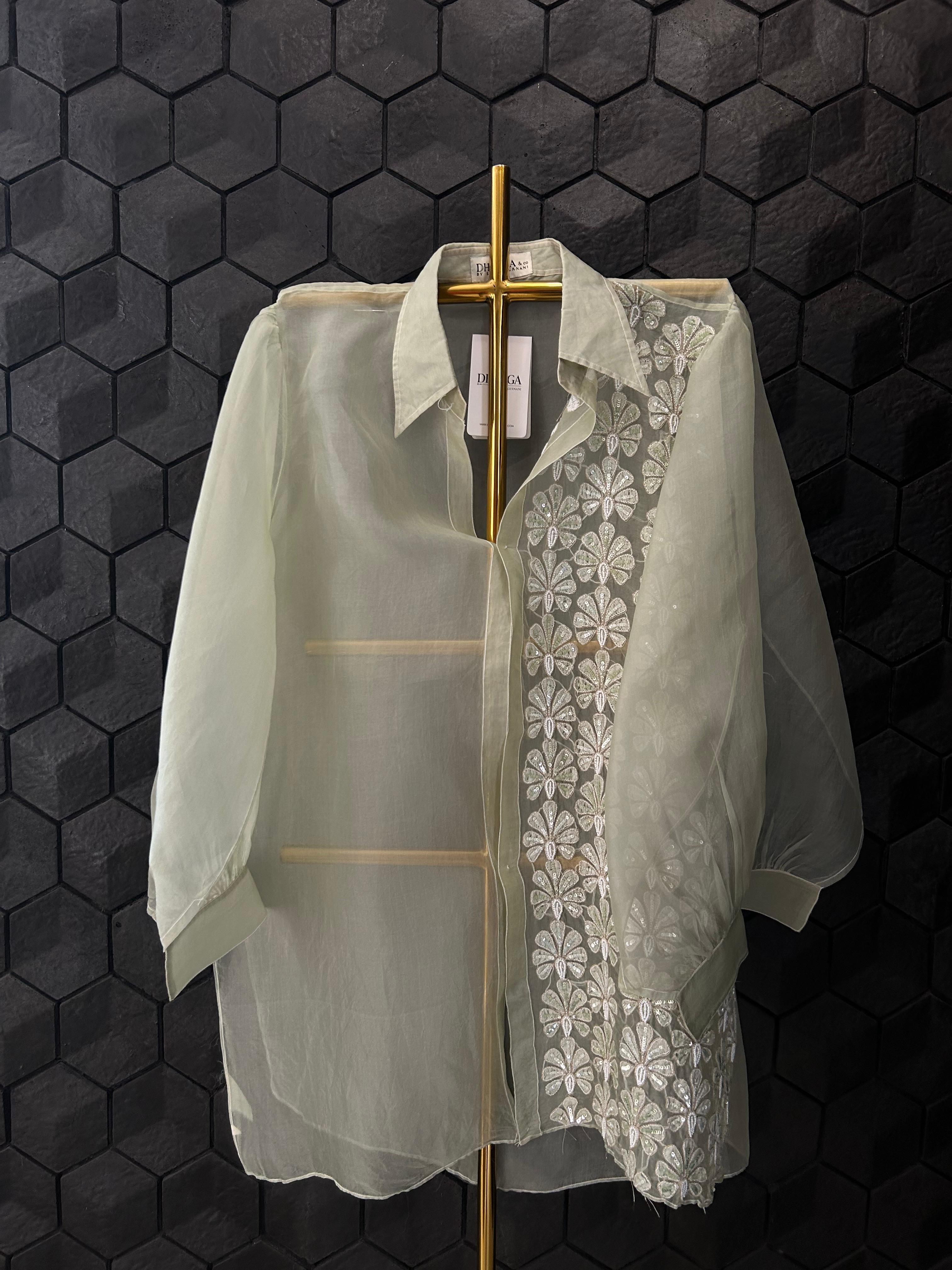 Green organza chikankari shirt