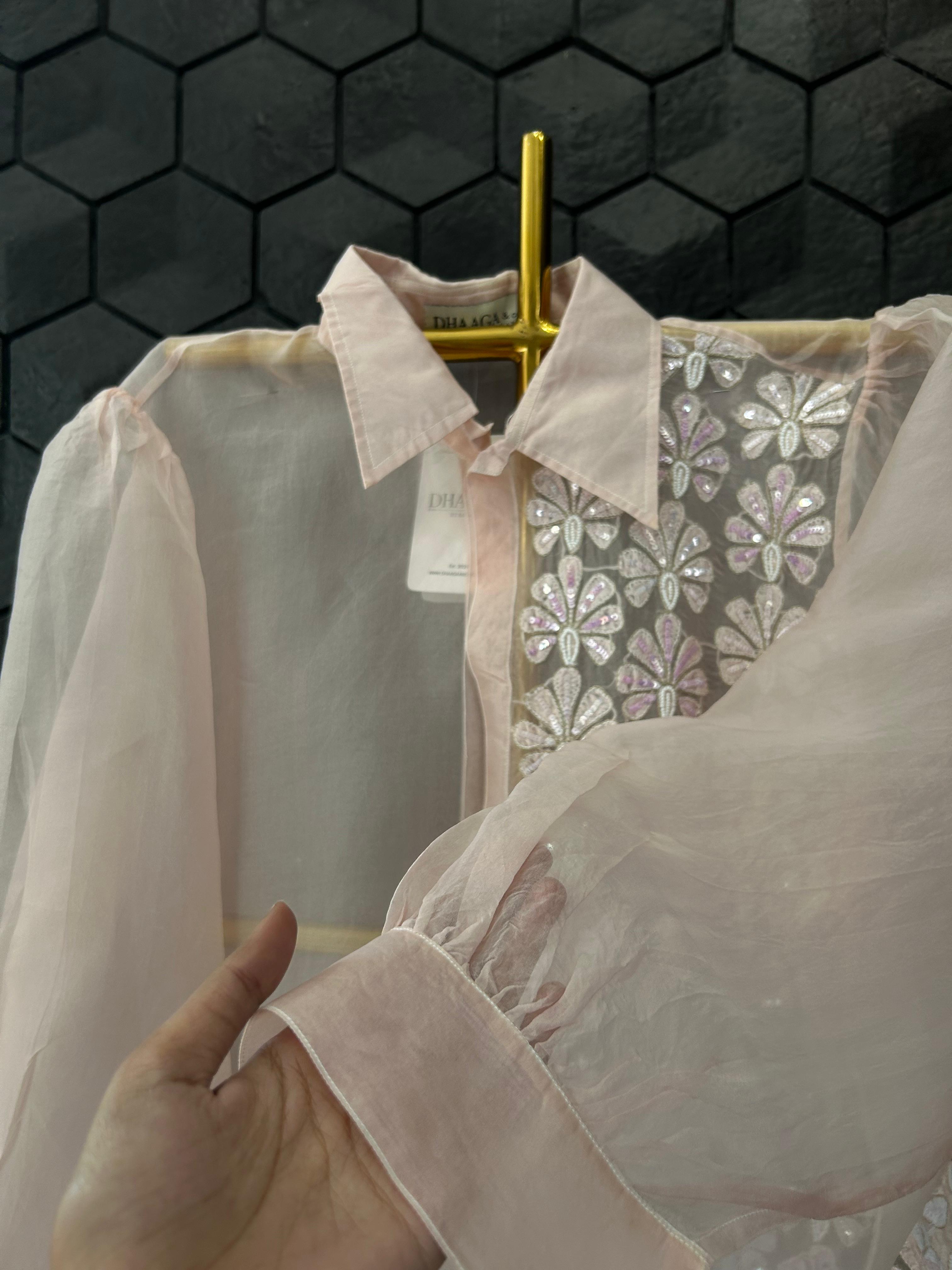 Pink organza chikankari shirt