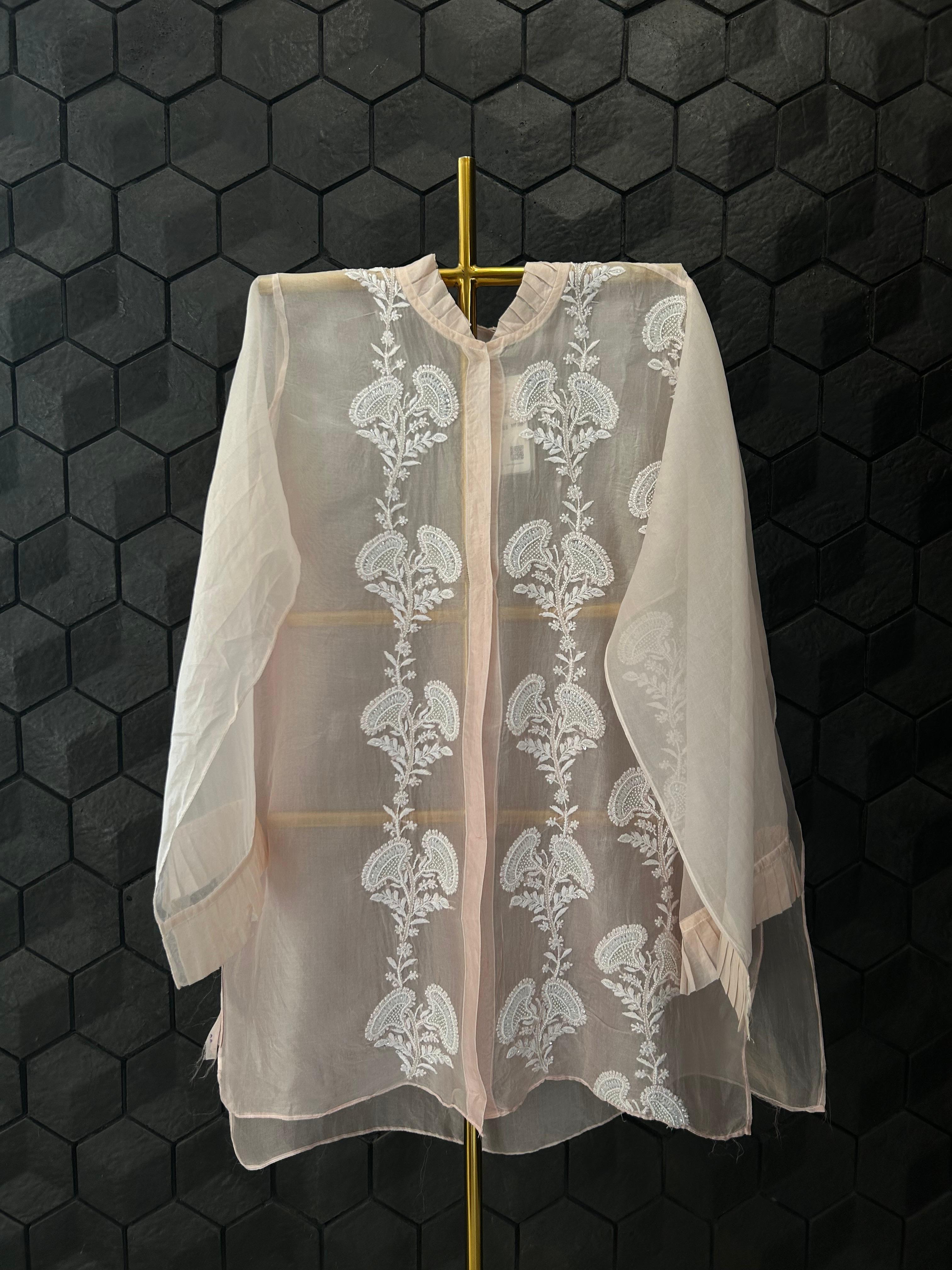 Pink organza chikankari shirt