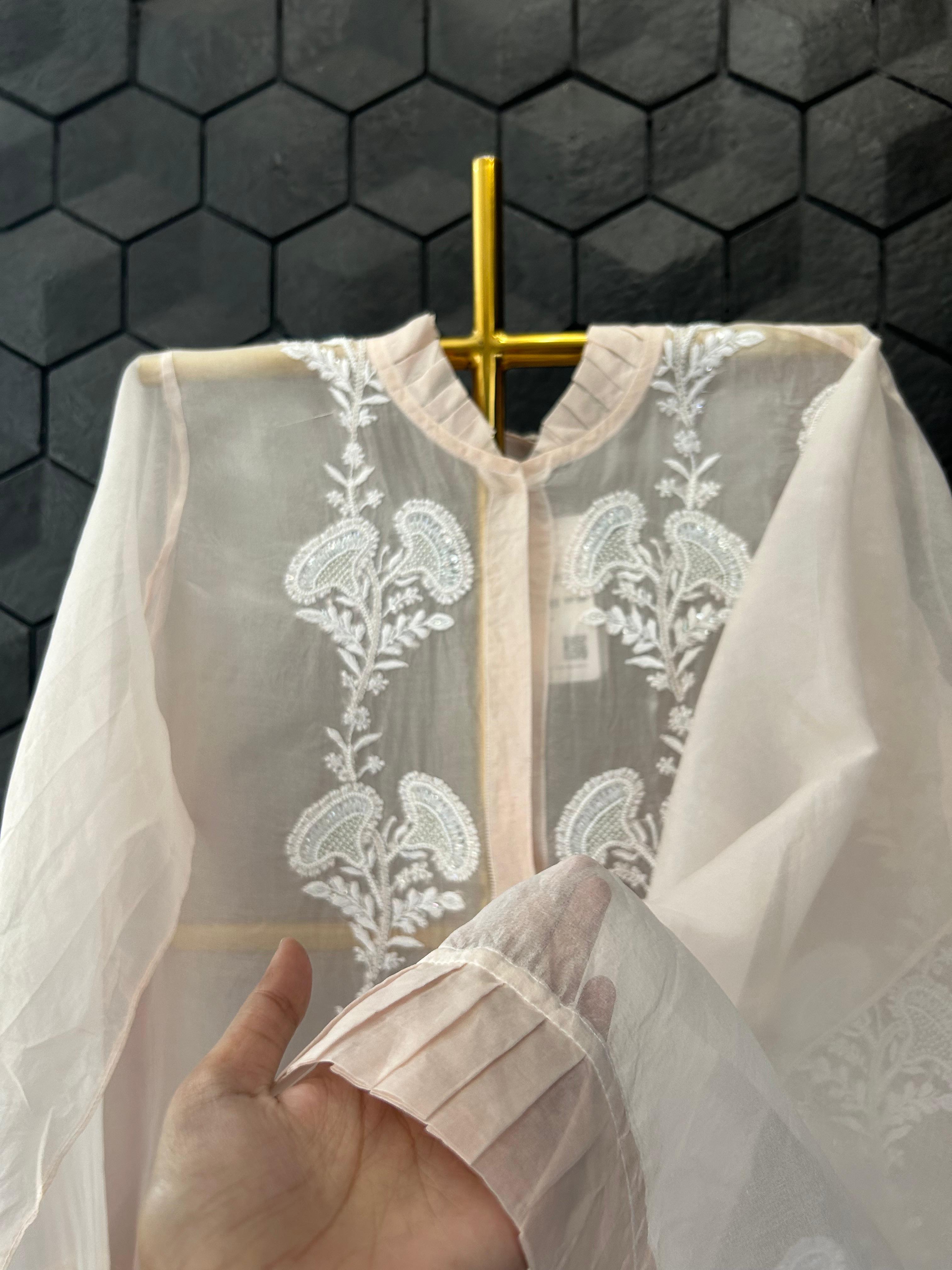 Pink organza chikankari shirt