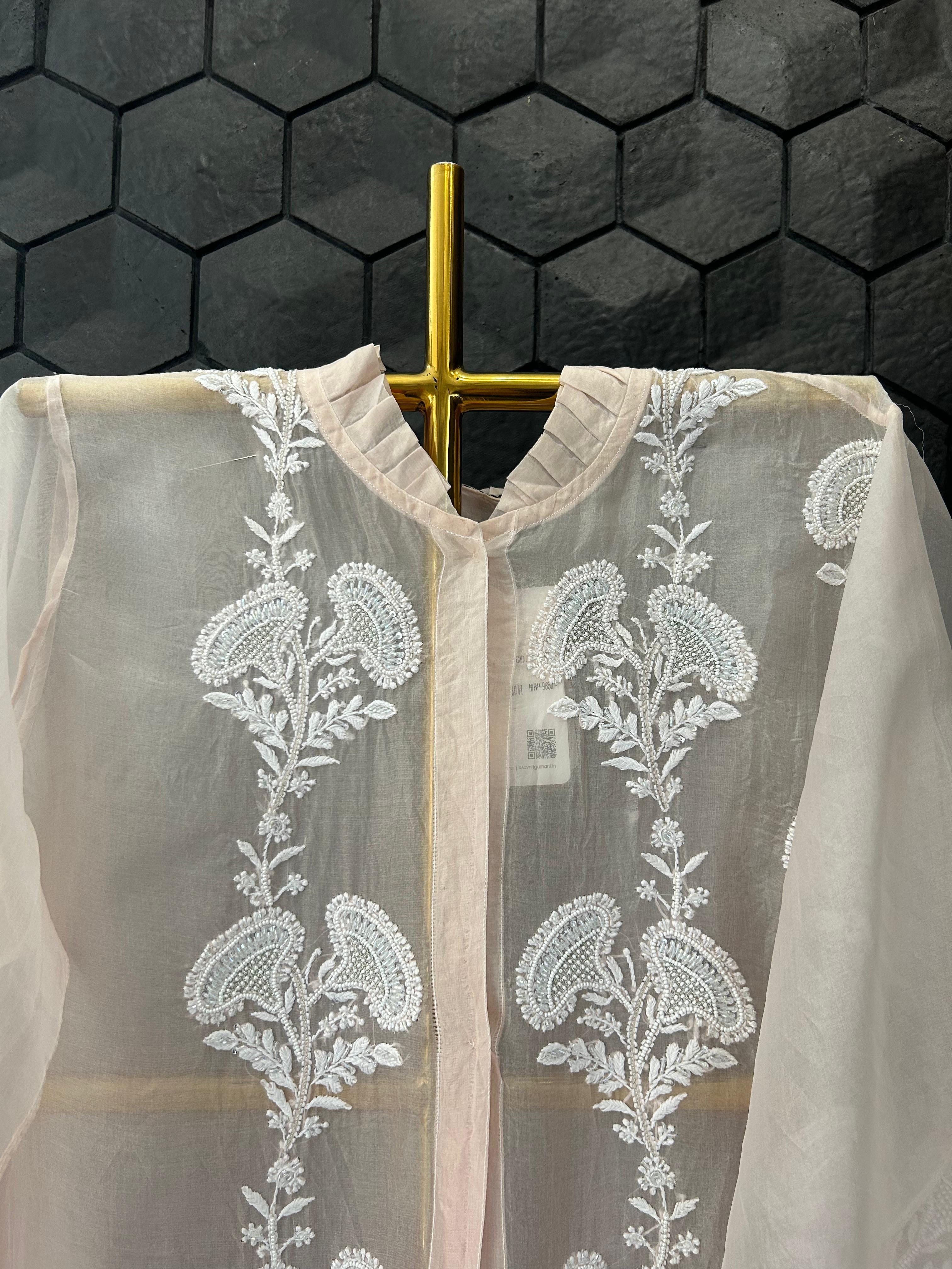 Pink organza chikankari shirt