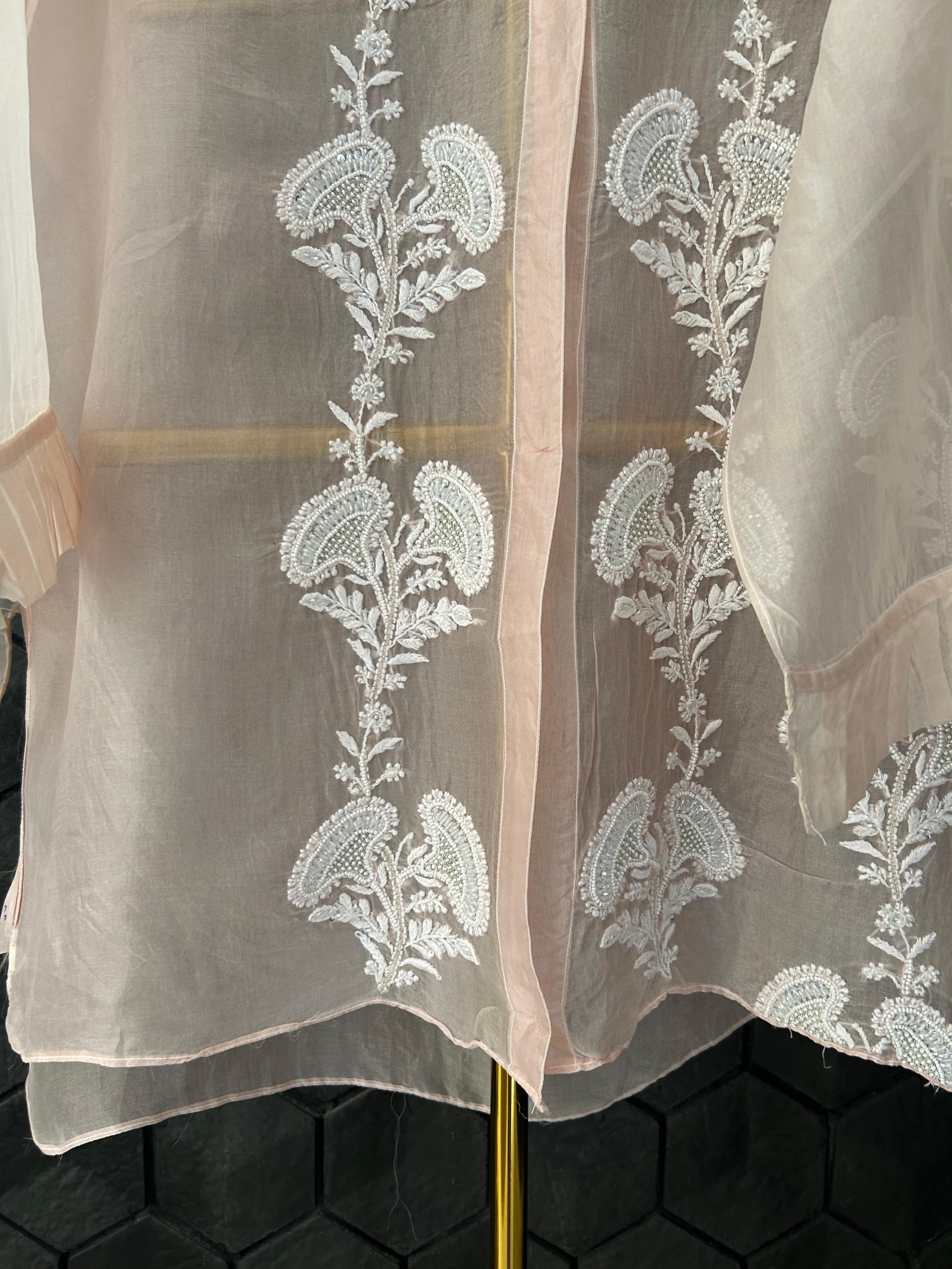 Pink organza chikankari shirt