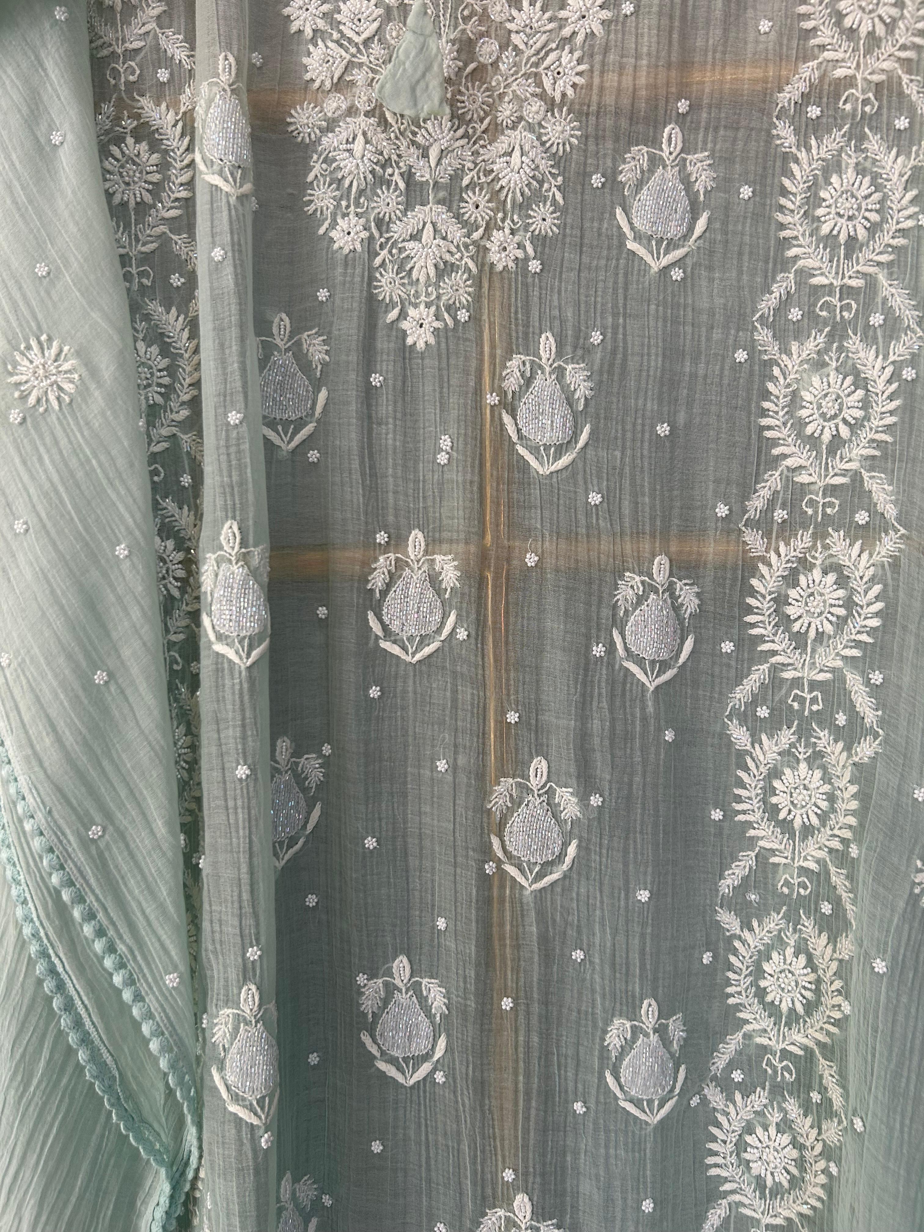 Green mul chanderi chikankari kaftan