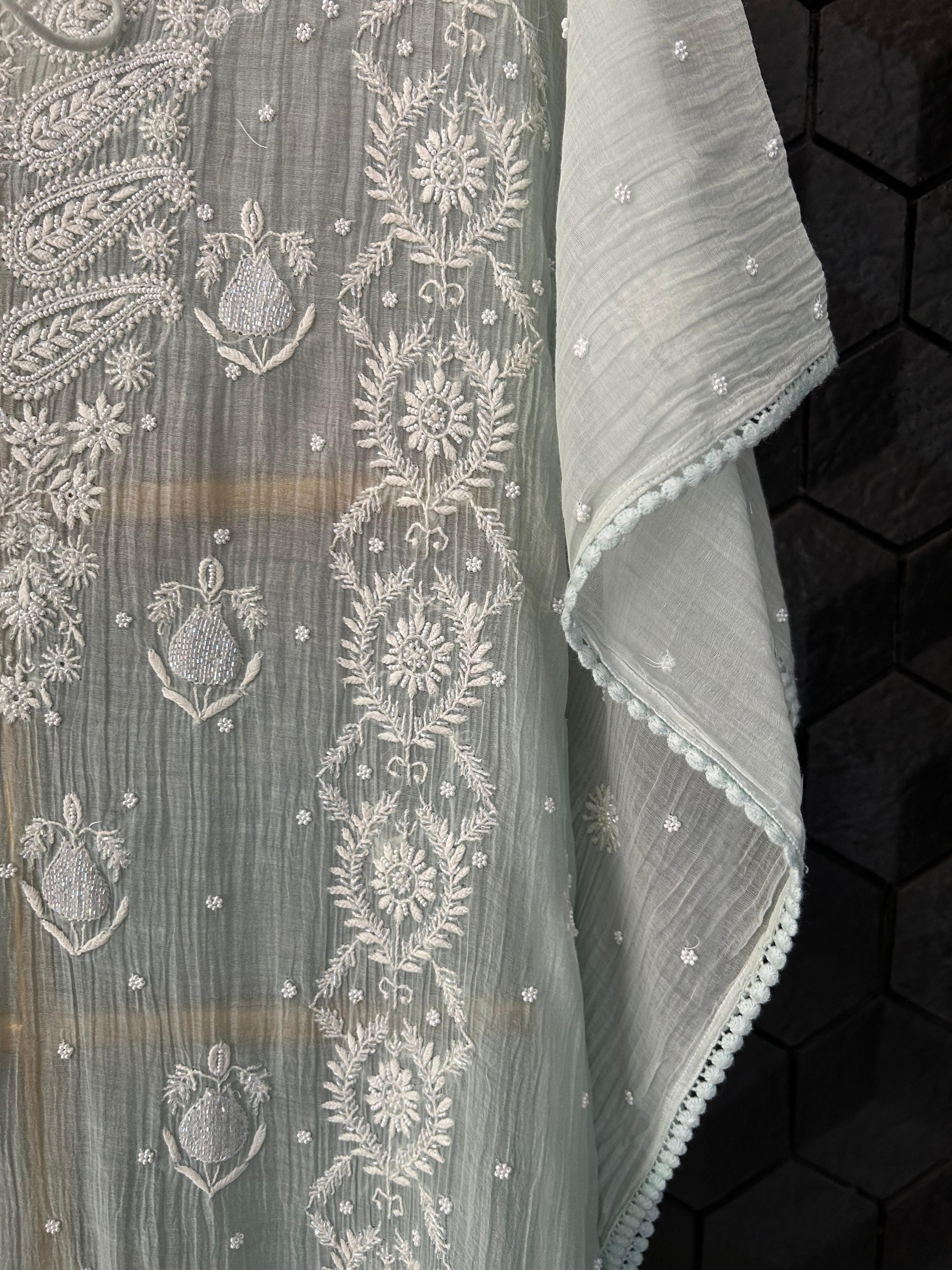 Green mul chanderi chikankari kaftan