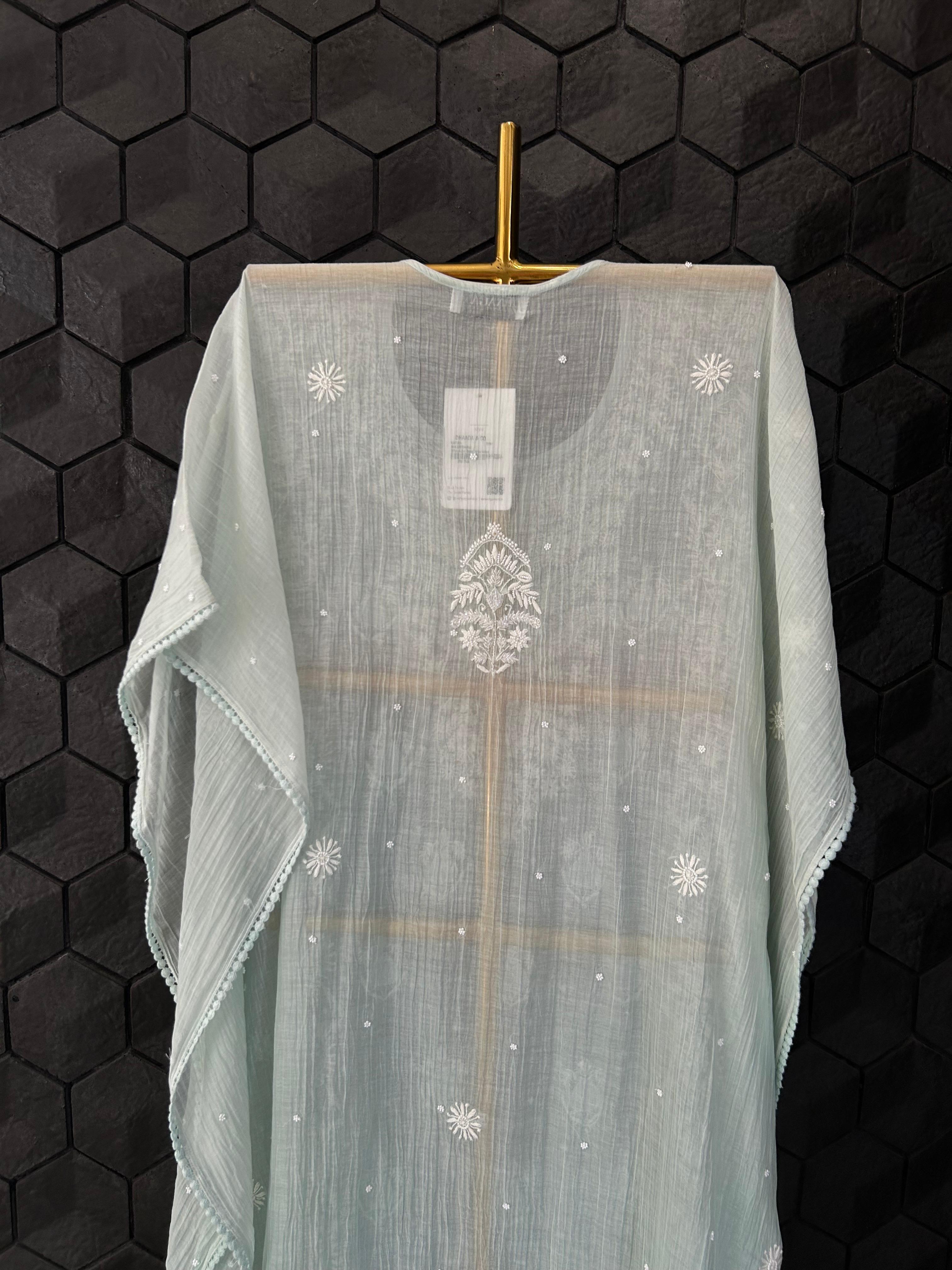 Green mul chanderi chikankari kaftan