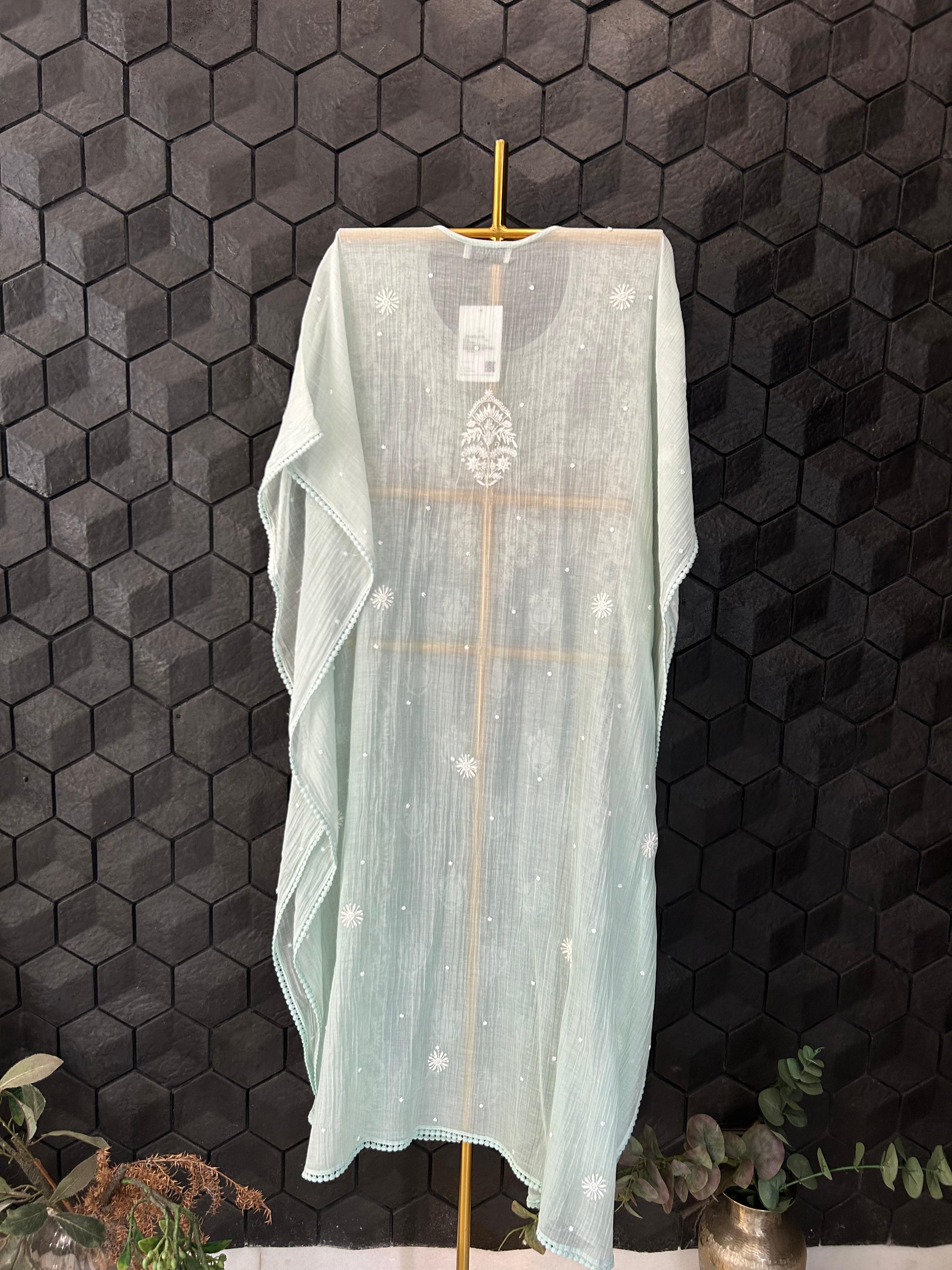 Green mul chanderi chikankari kaftan