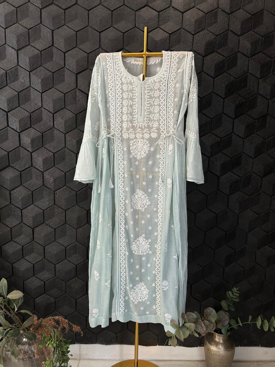 Sea Green Mul chanderi Chikankari Dress