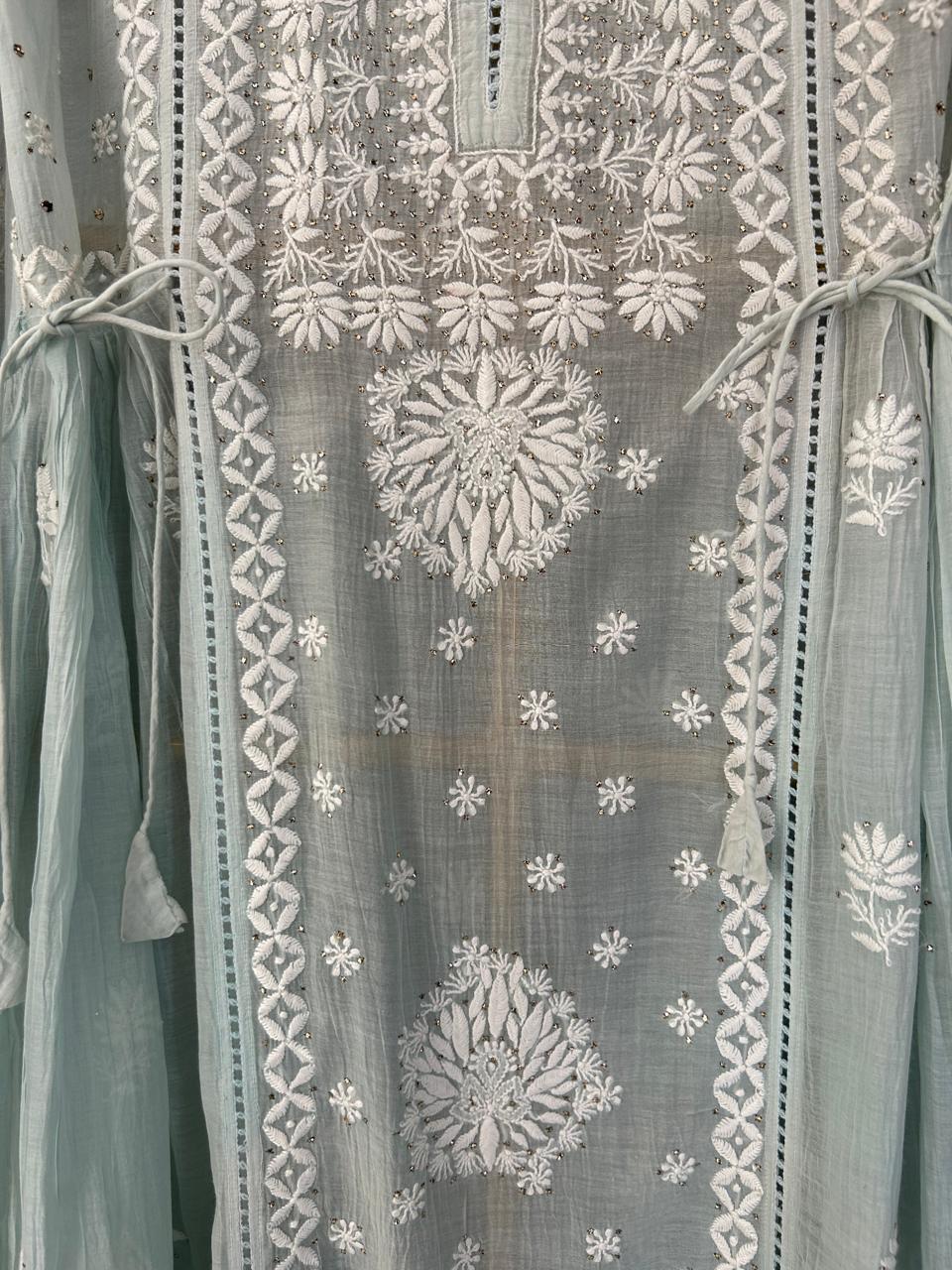 Sea Green Mul chanderi Chikankari Dress