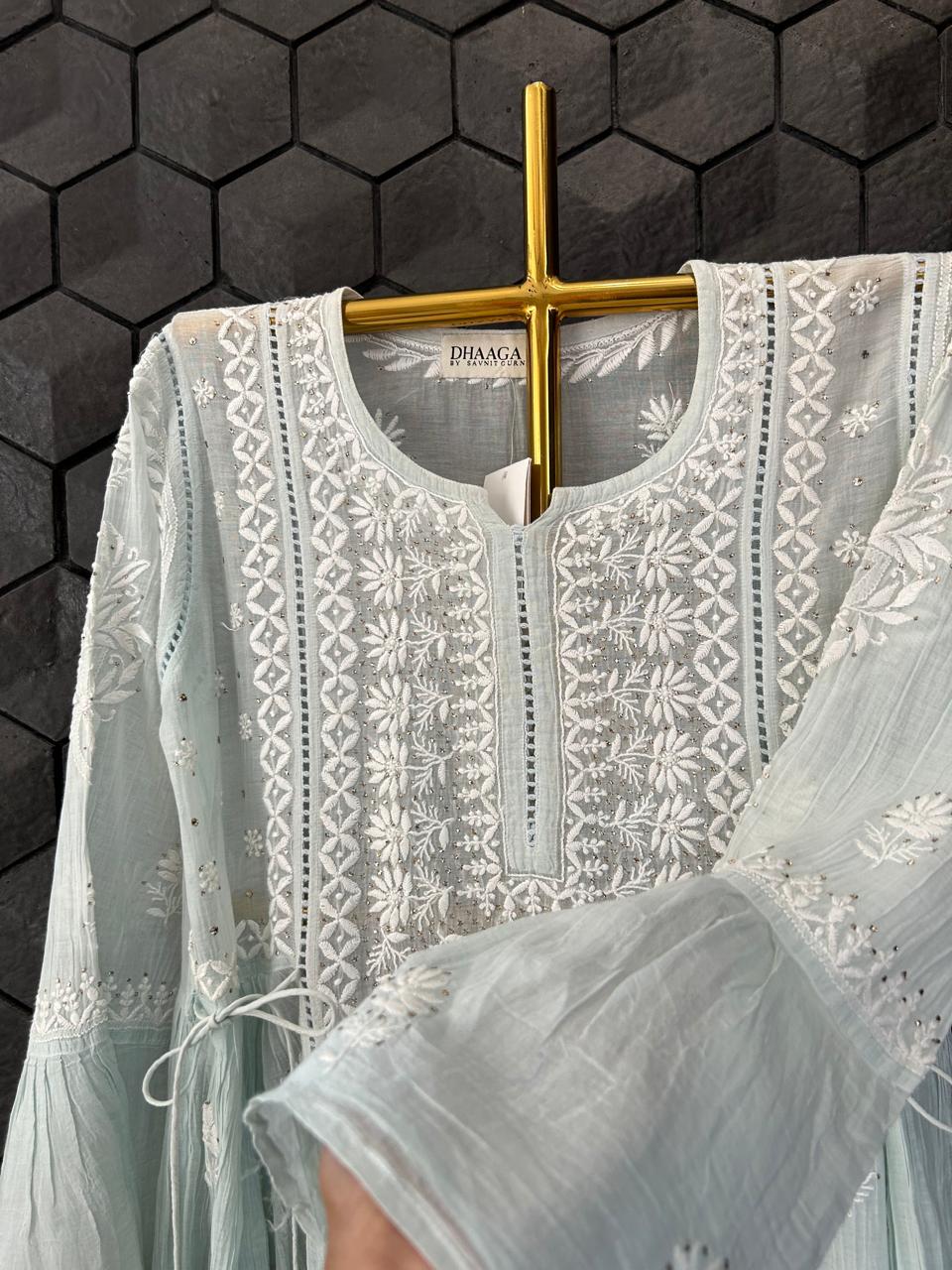 Sea Green Mul chanderi Chikankari Dress