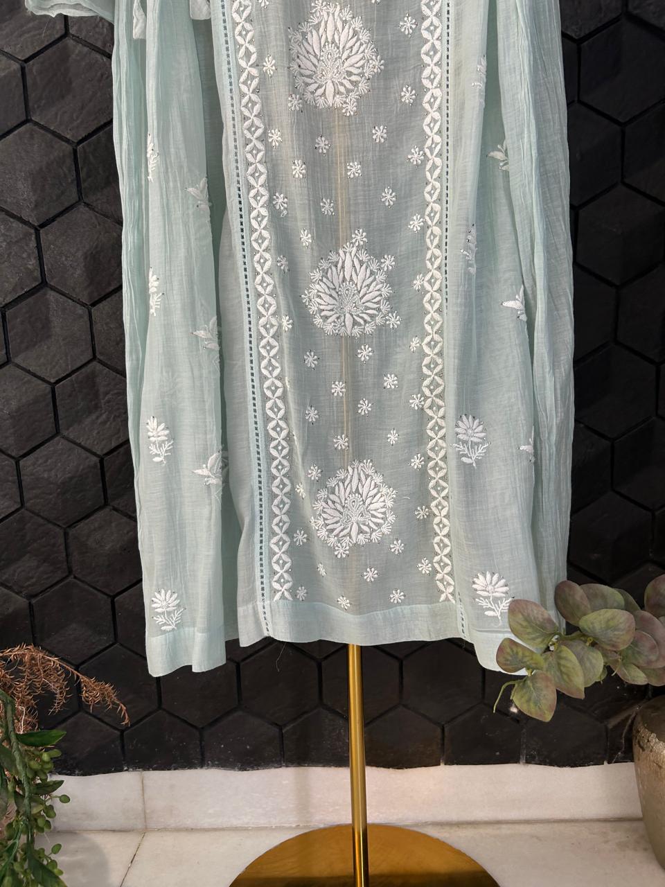 Sea Green Mul chanderi Chikankari Dress