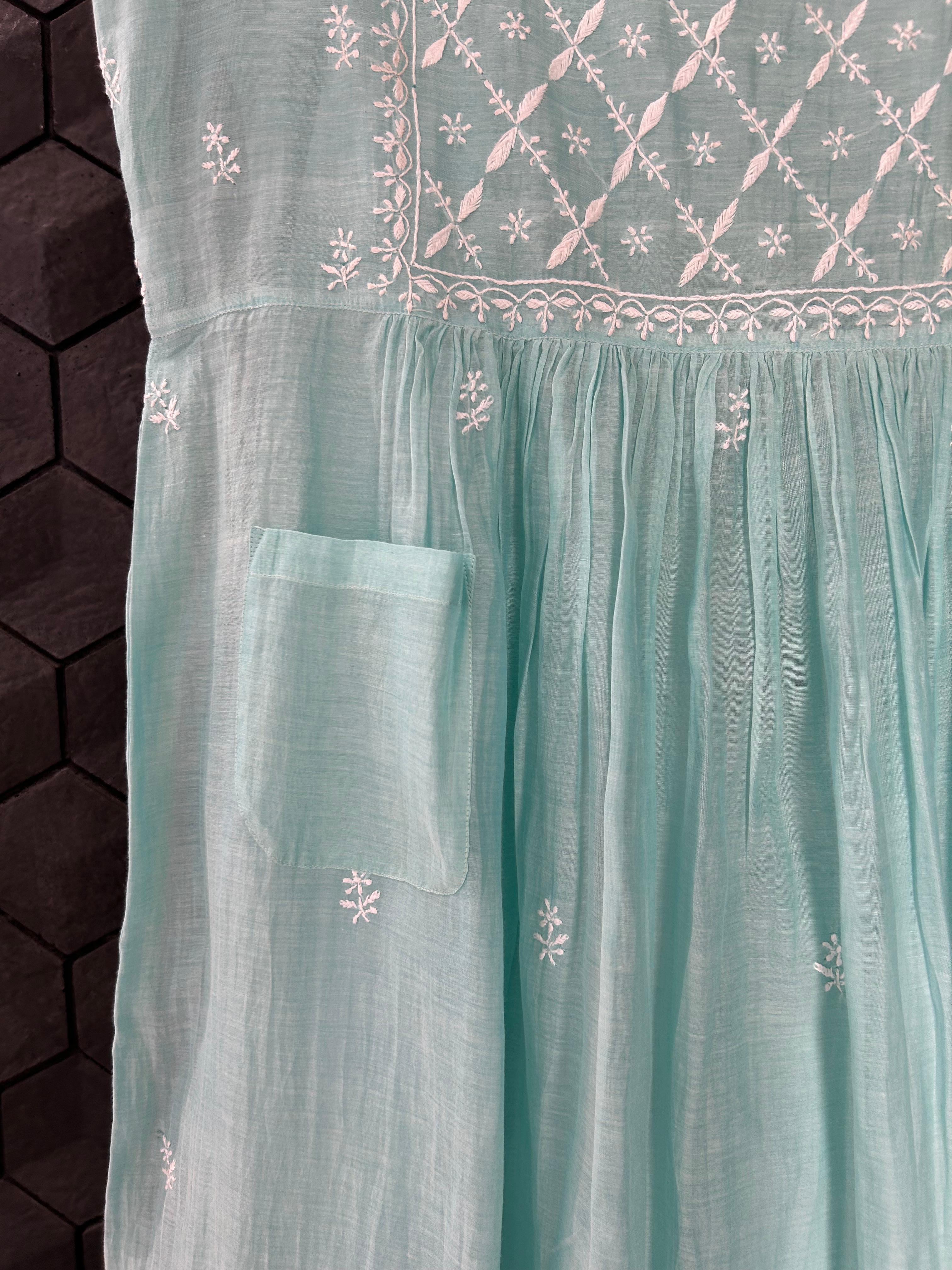 Sea Green mul chanderi chikankari dress