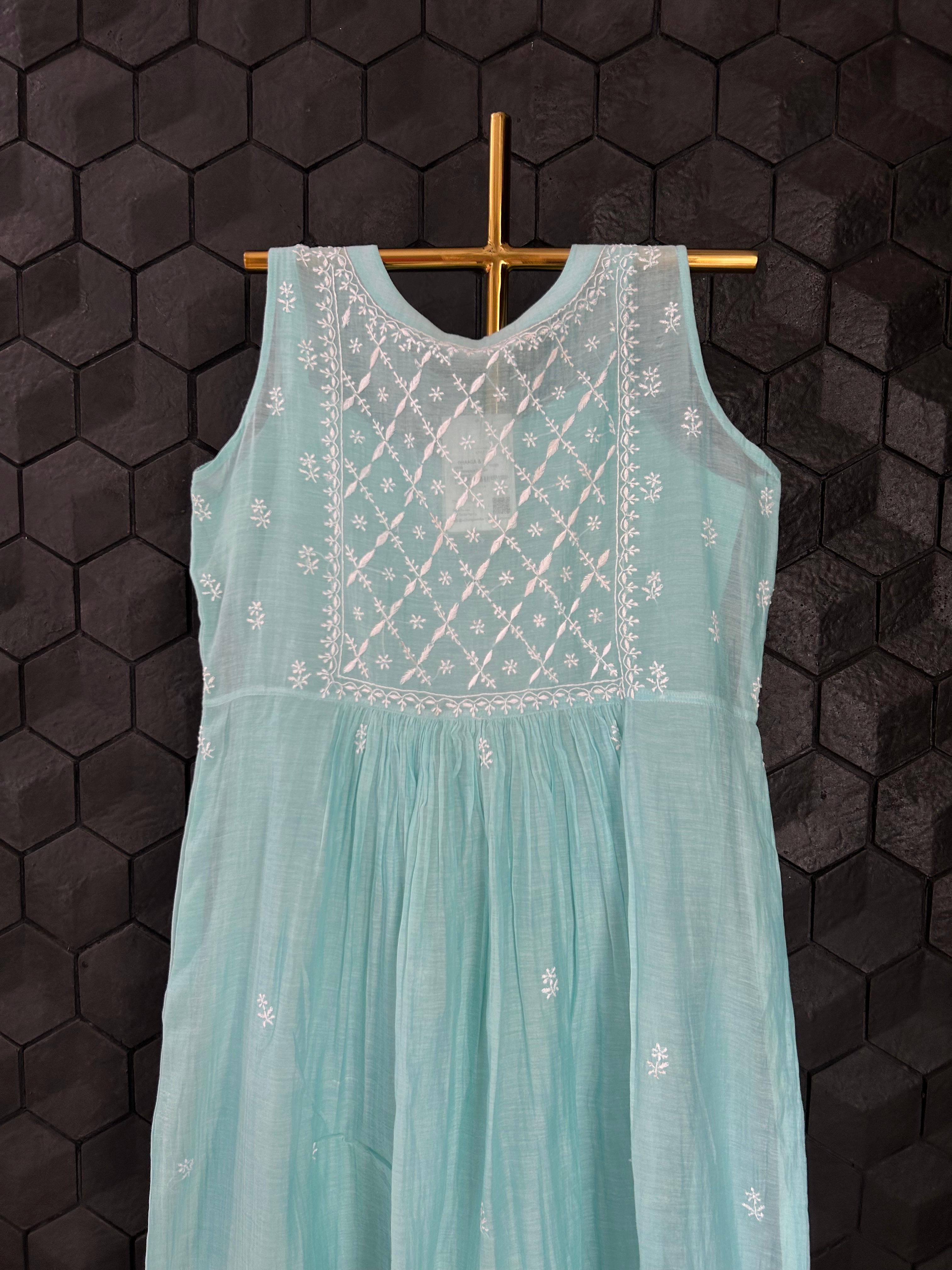 Sea Green mul chanderi chikankari dress