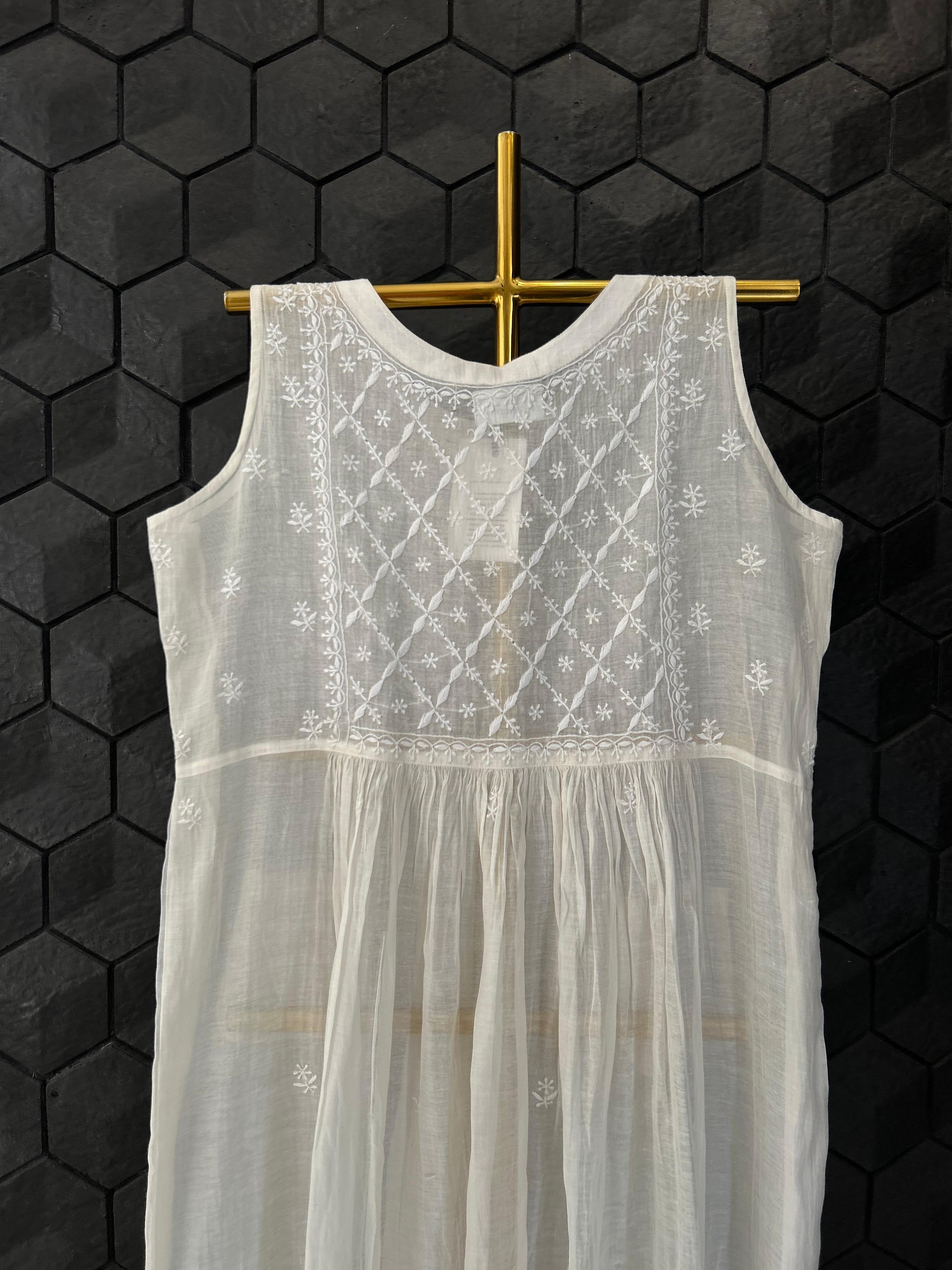 White mul chanderi chikankari dress