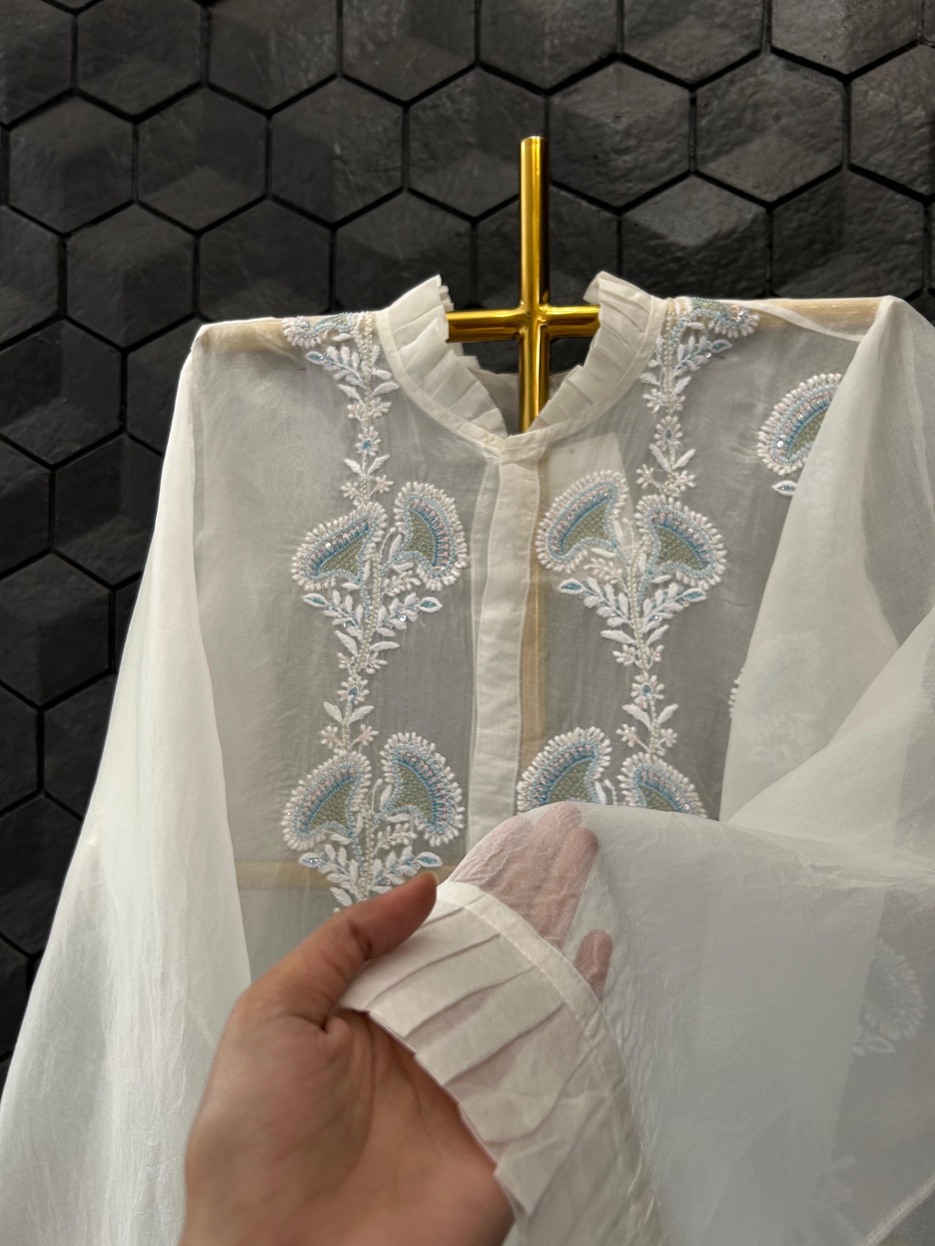 White organza chikankari shirt