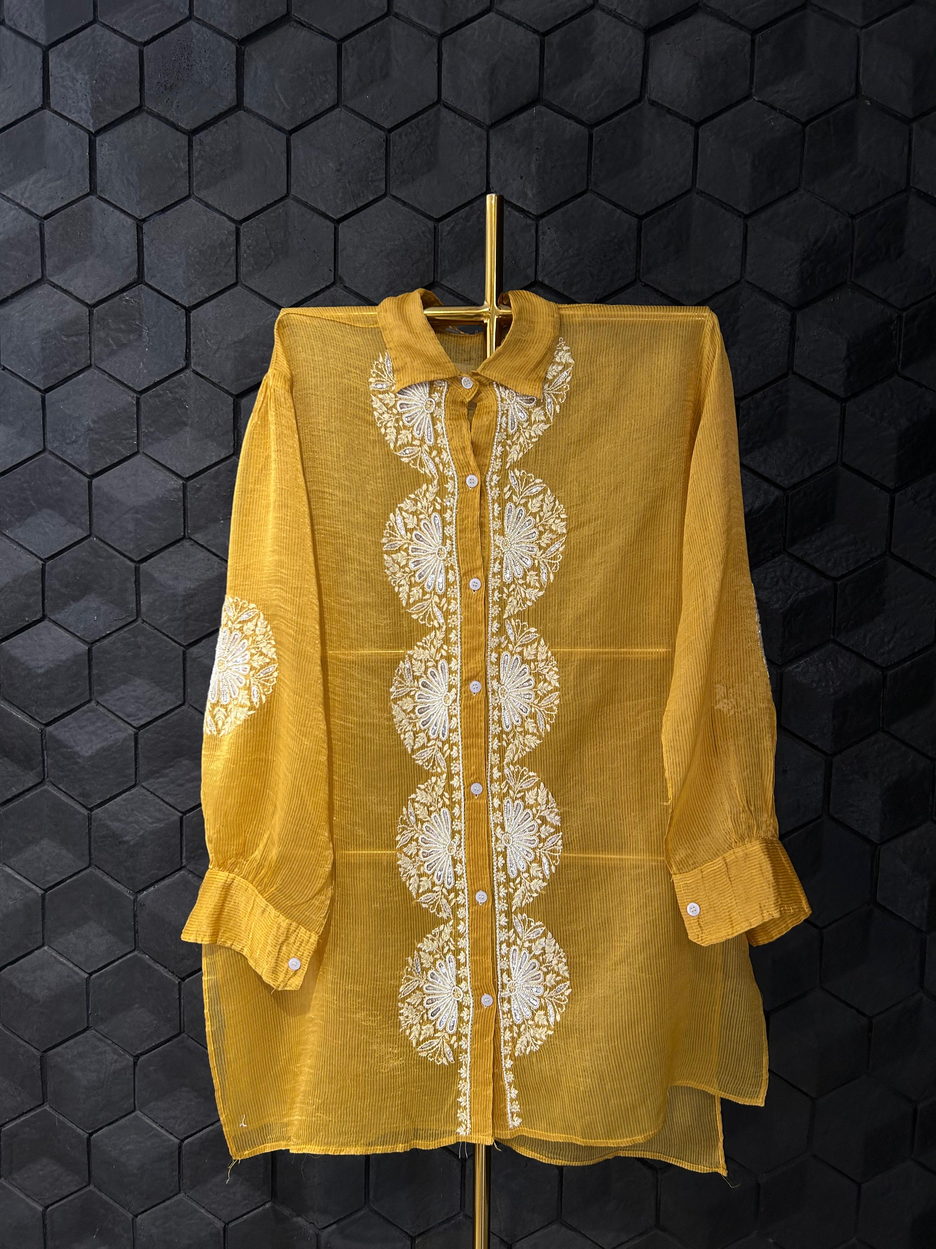 Mustard stripe tissue chikankari shirt
