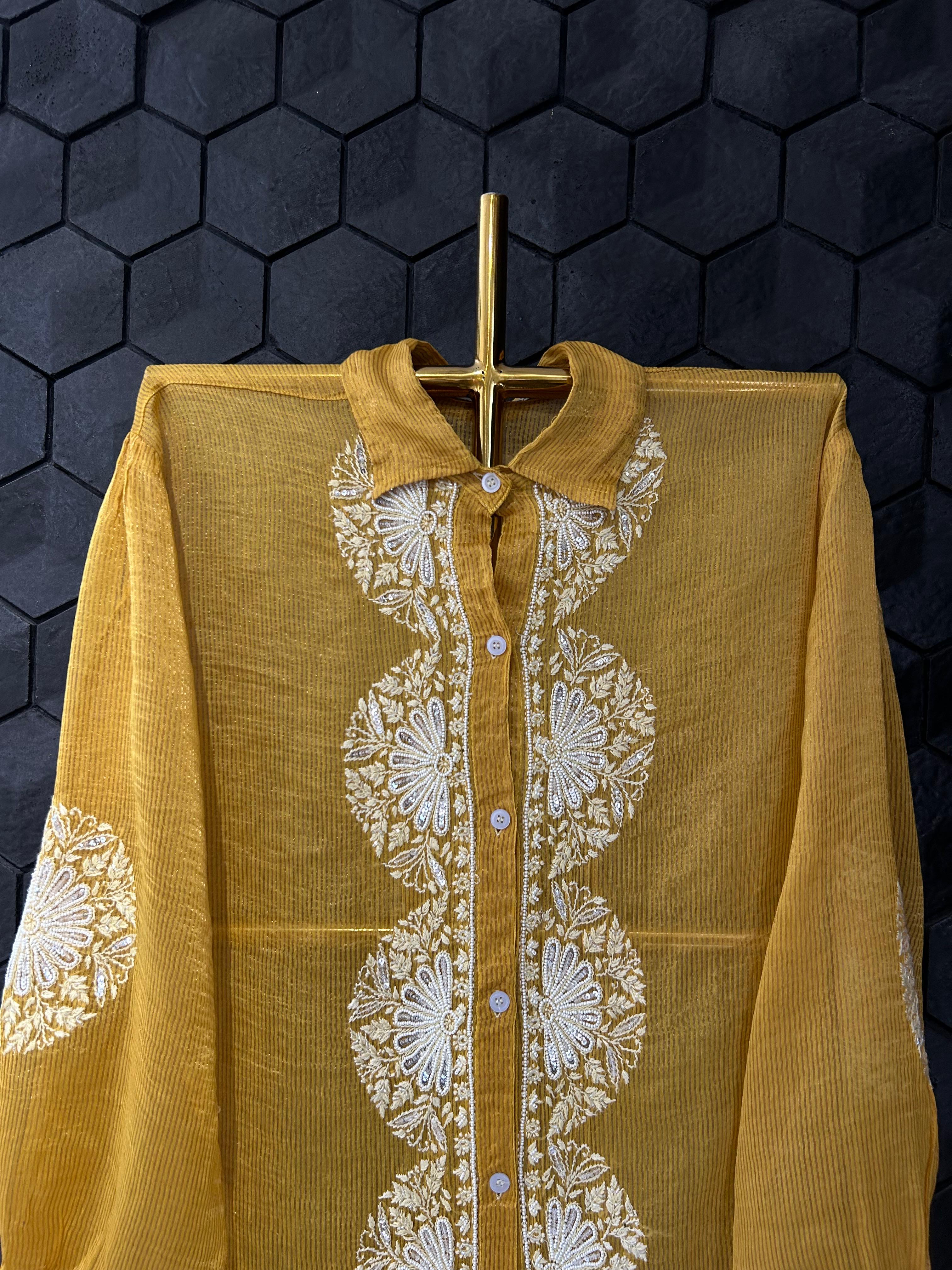 Mustard stripe tissue chikankari shirt