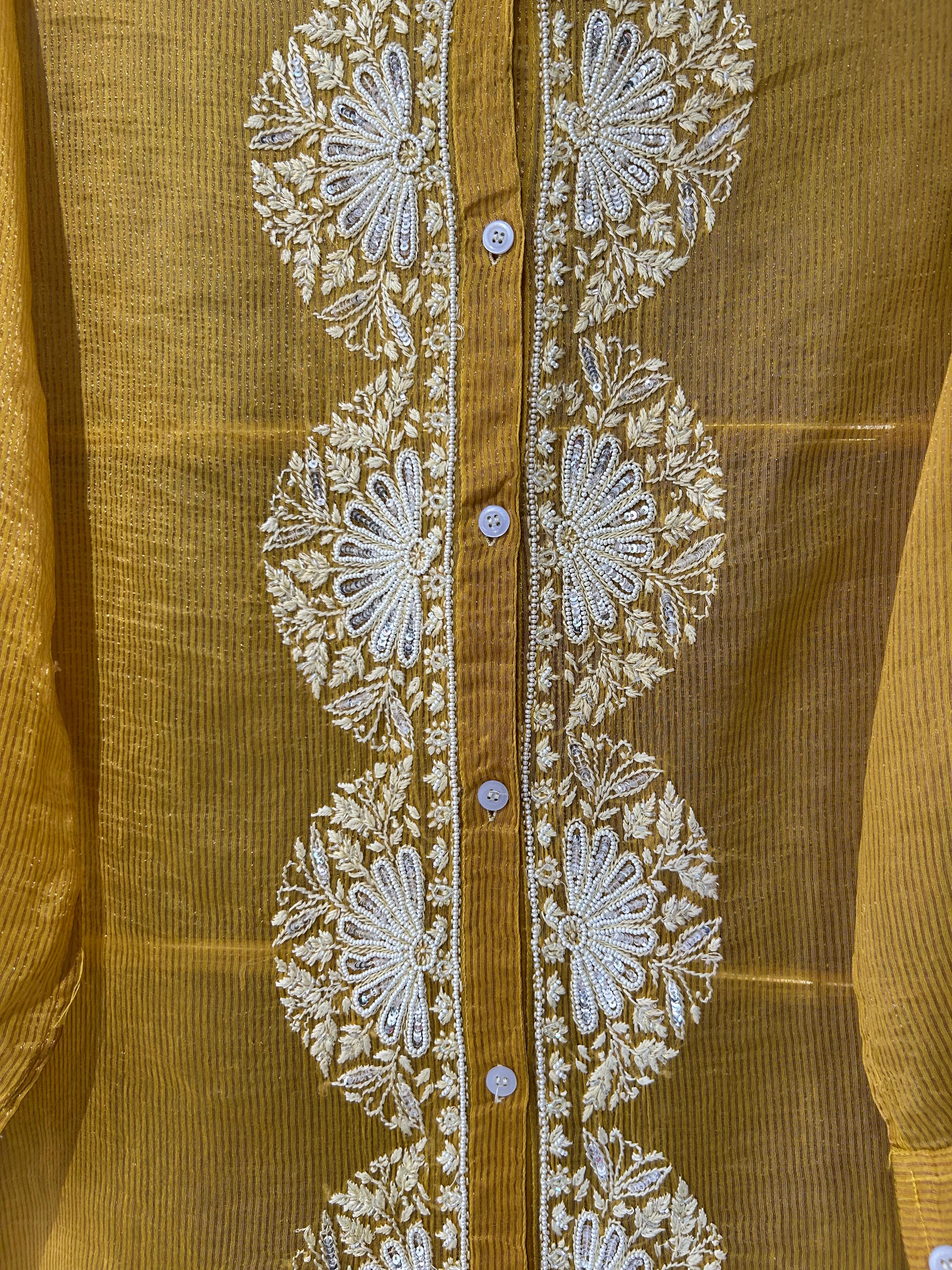 Mustard stripe tissue chikankari shirt