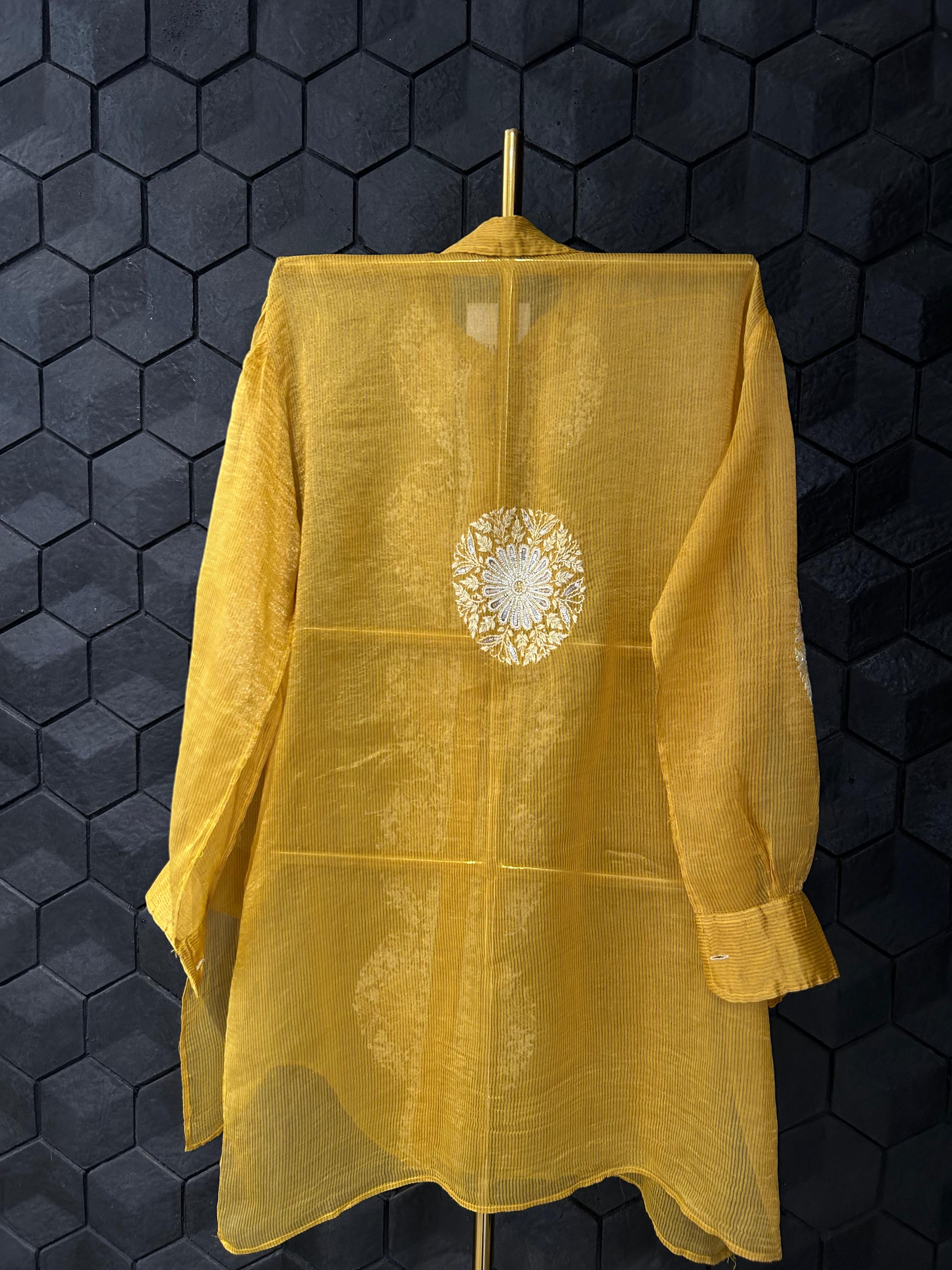Mustard stripe tissue chikankari shirt