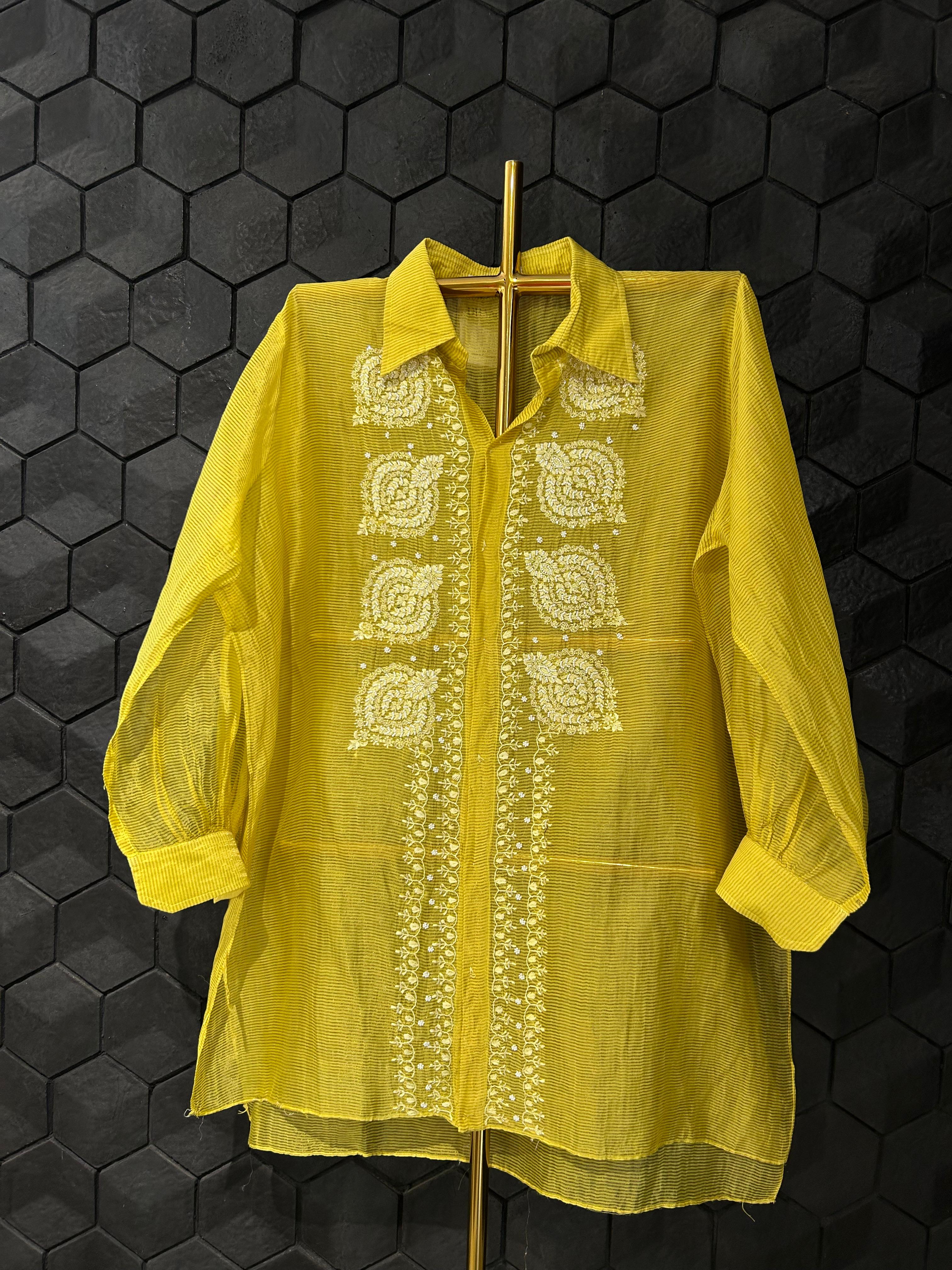 Green Striped Tissue Chanderi Chikankari Shirt