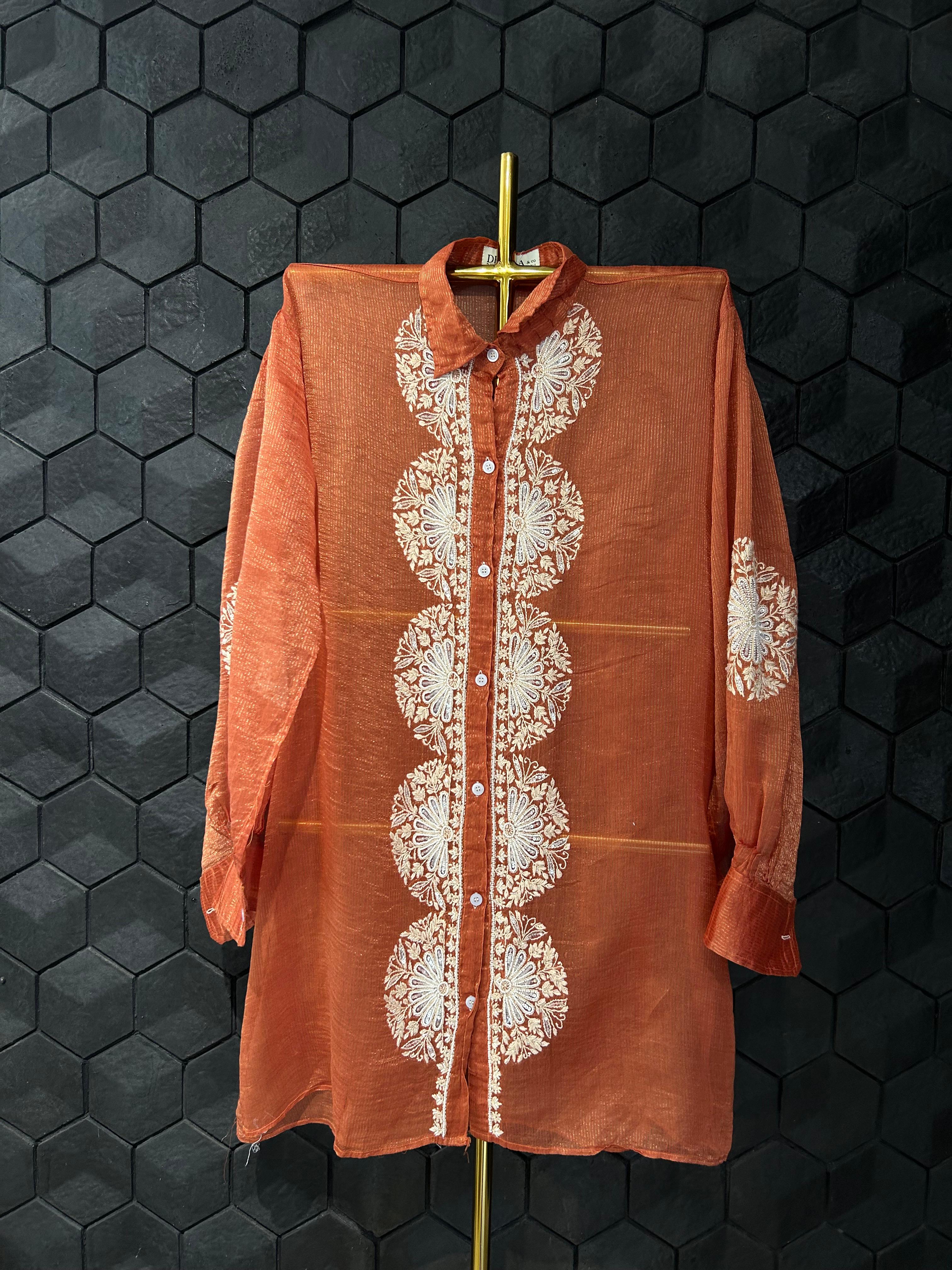 Rust Striped Tissue Chanderi Chikankari Shirt