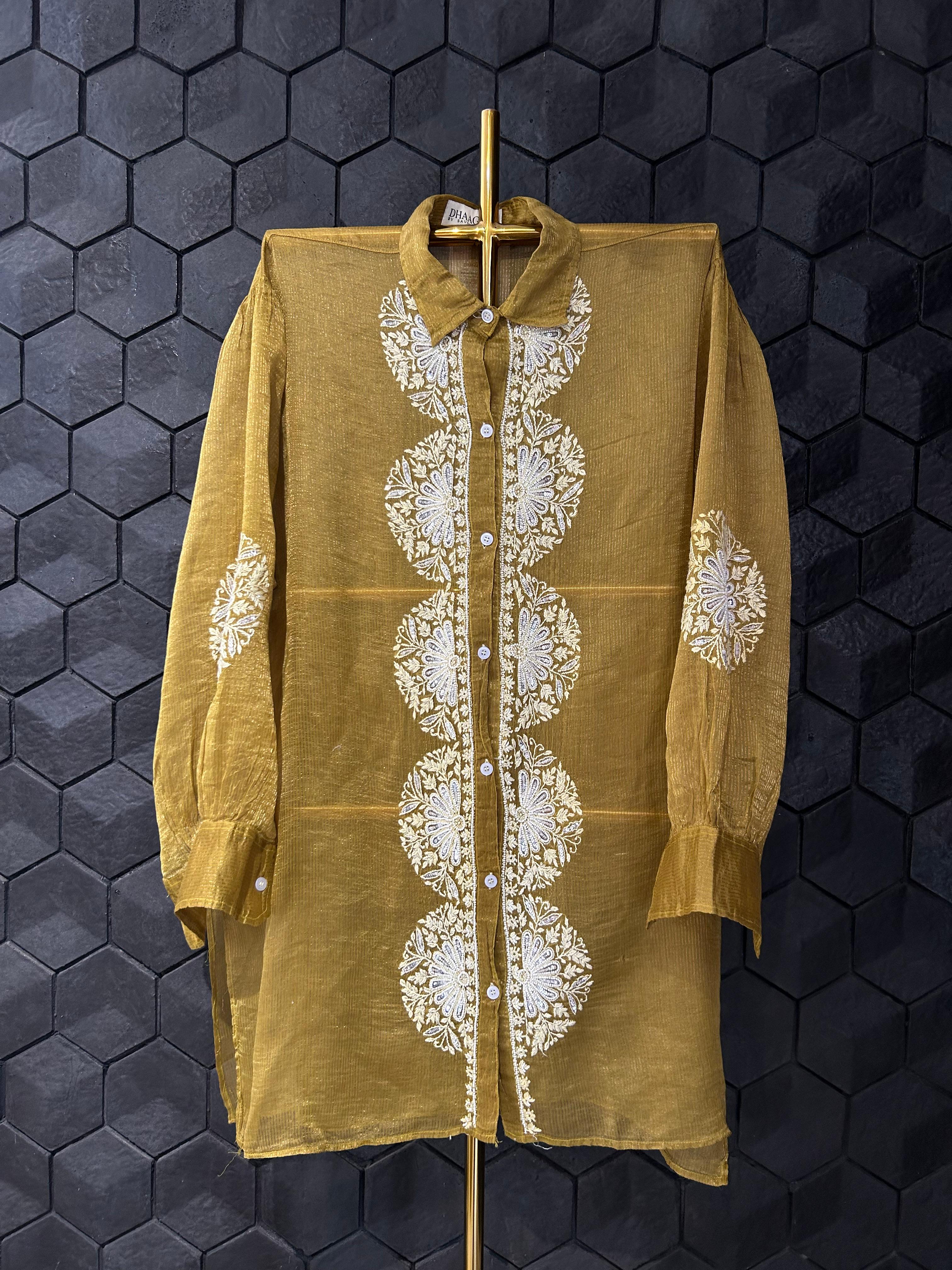 Green Striped Tissue Chanderi Chikankari Shirt