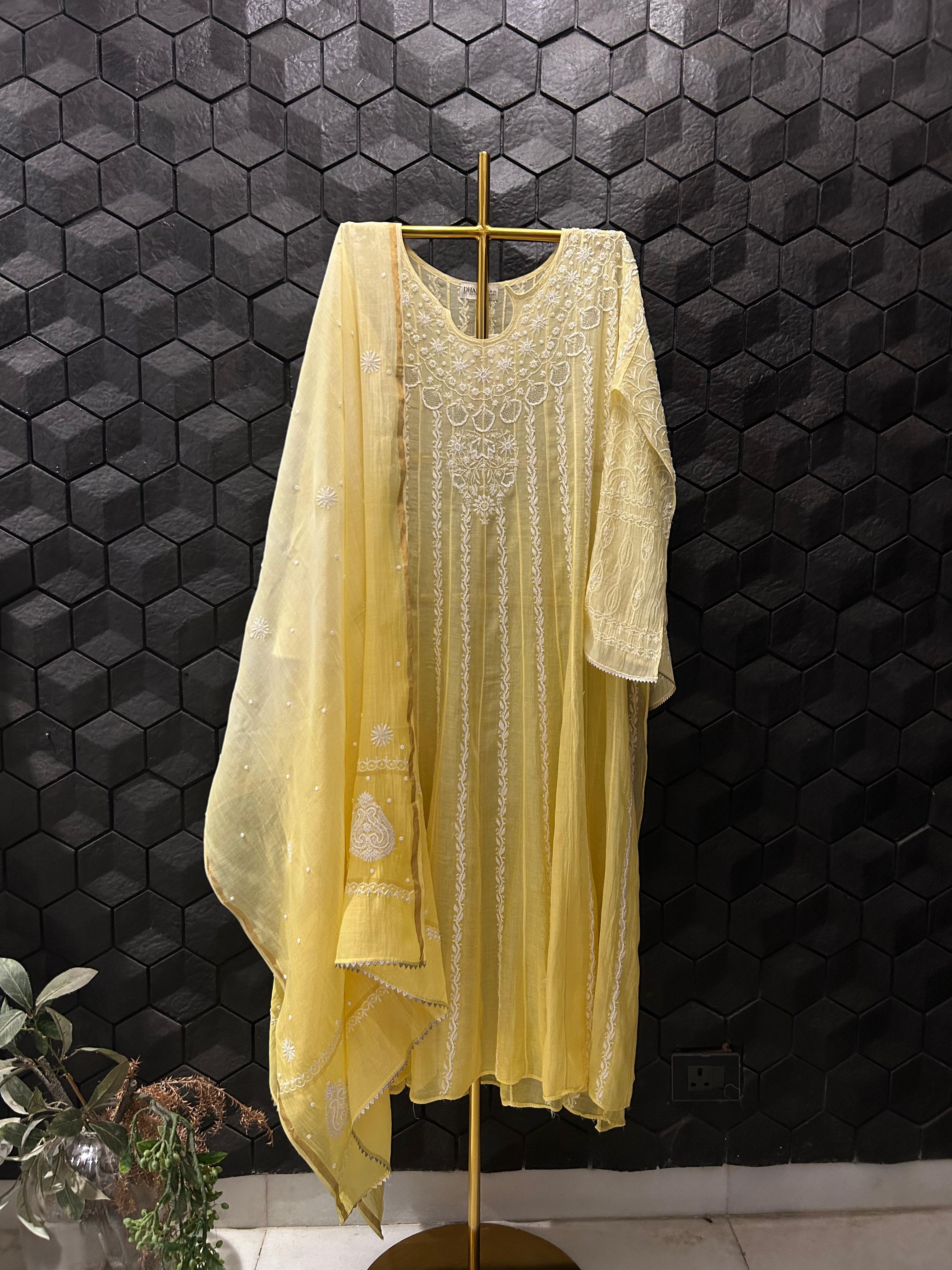Yellow Mul Chanderi Chikankari anarkali set