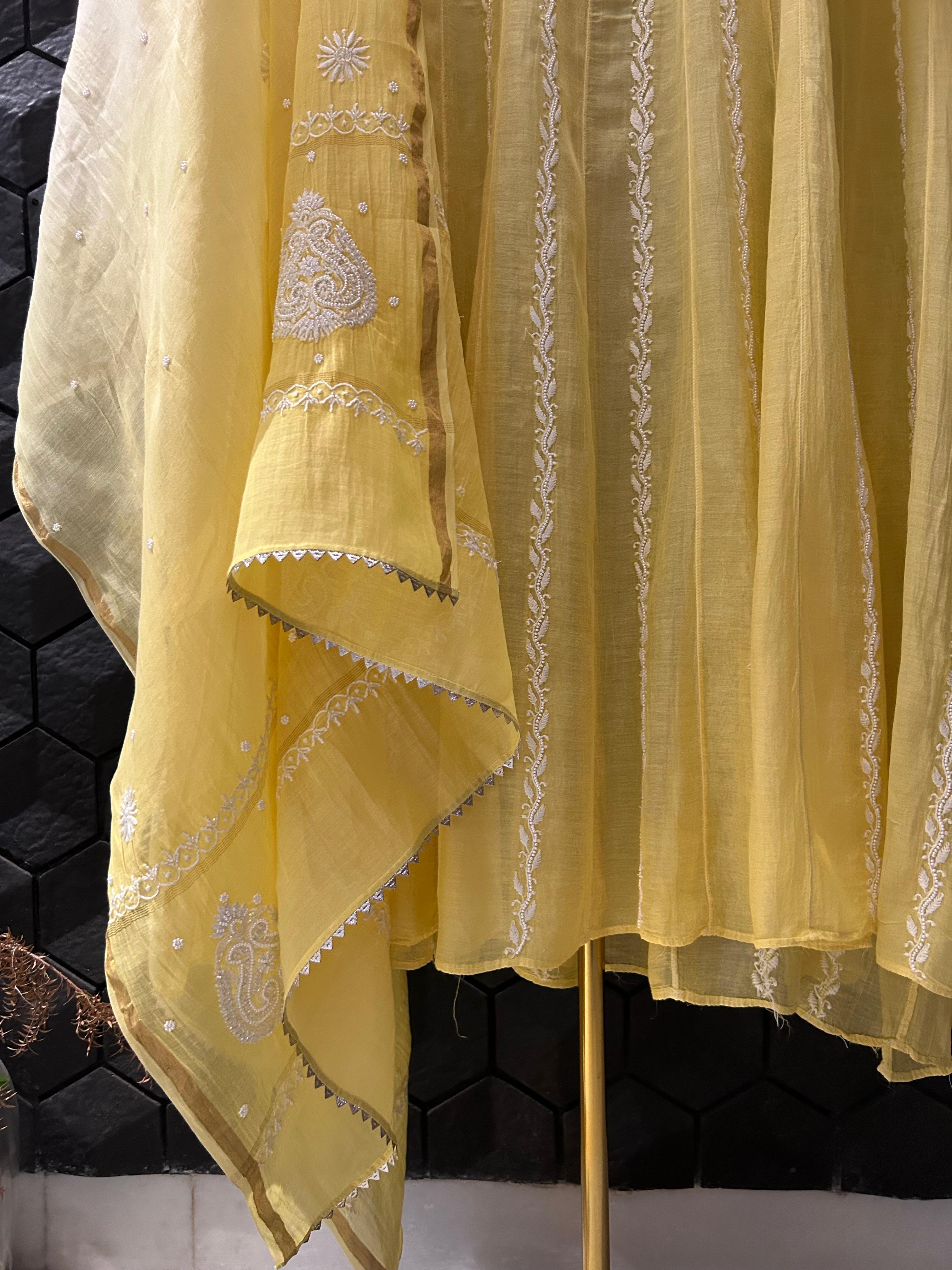 Yellow Mul Chanderi Chikankari anarkali set