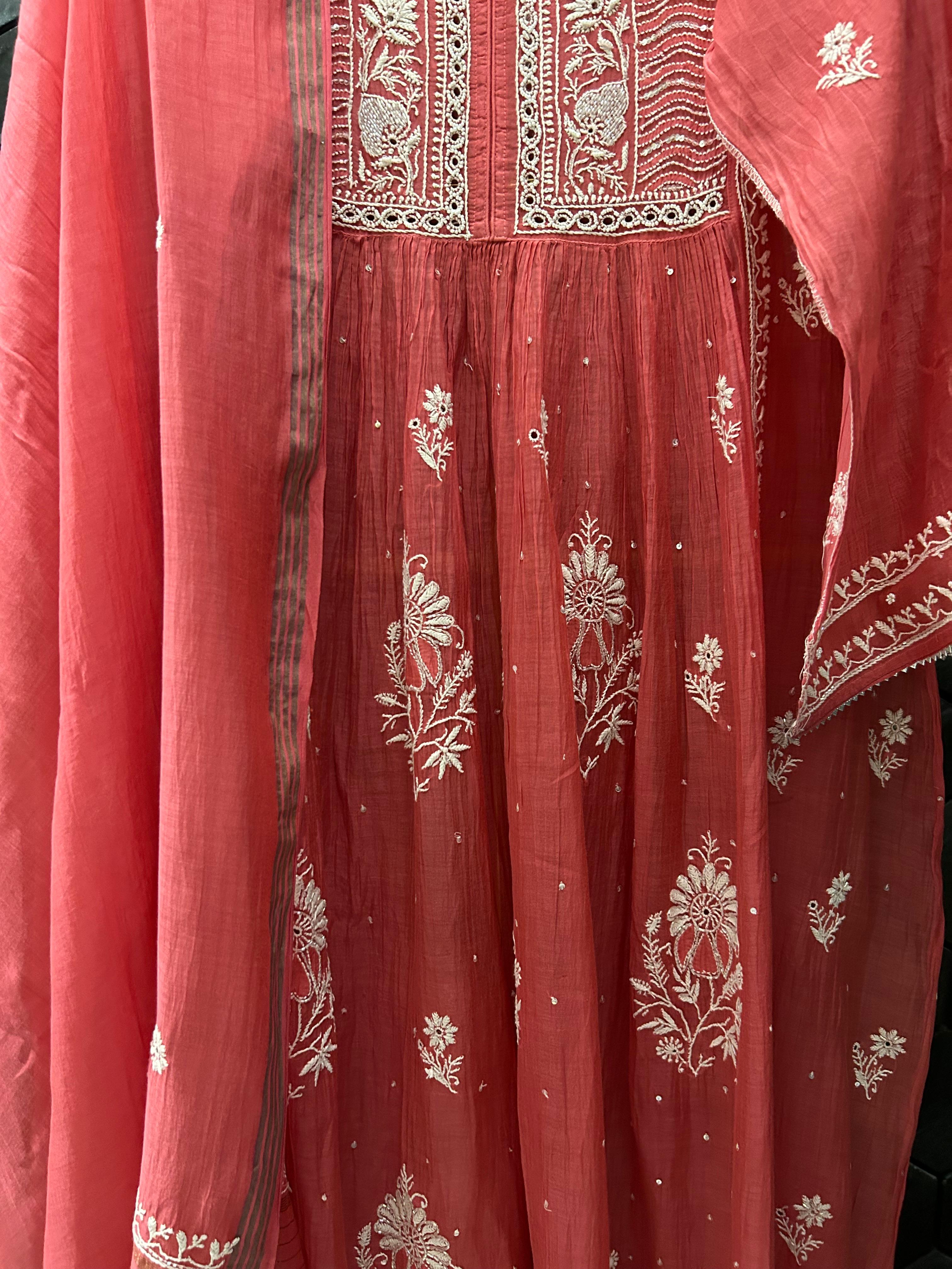 Fuschia mul chanderi chikankari kurta set