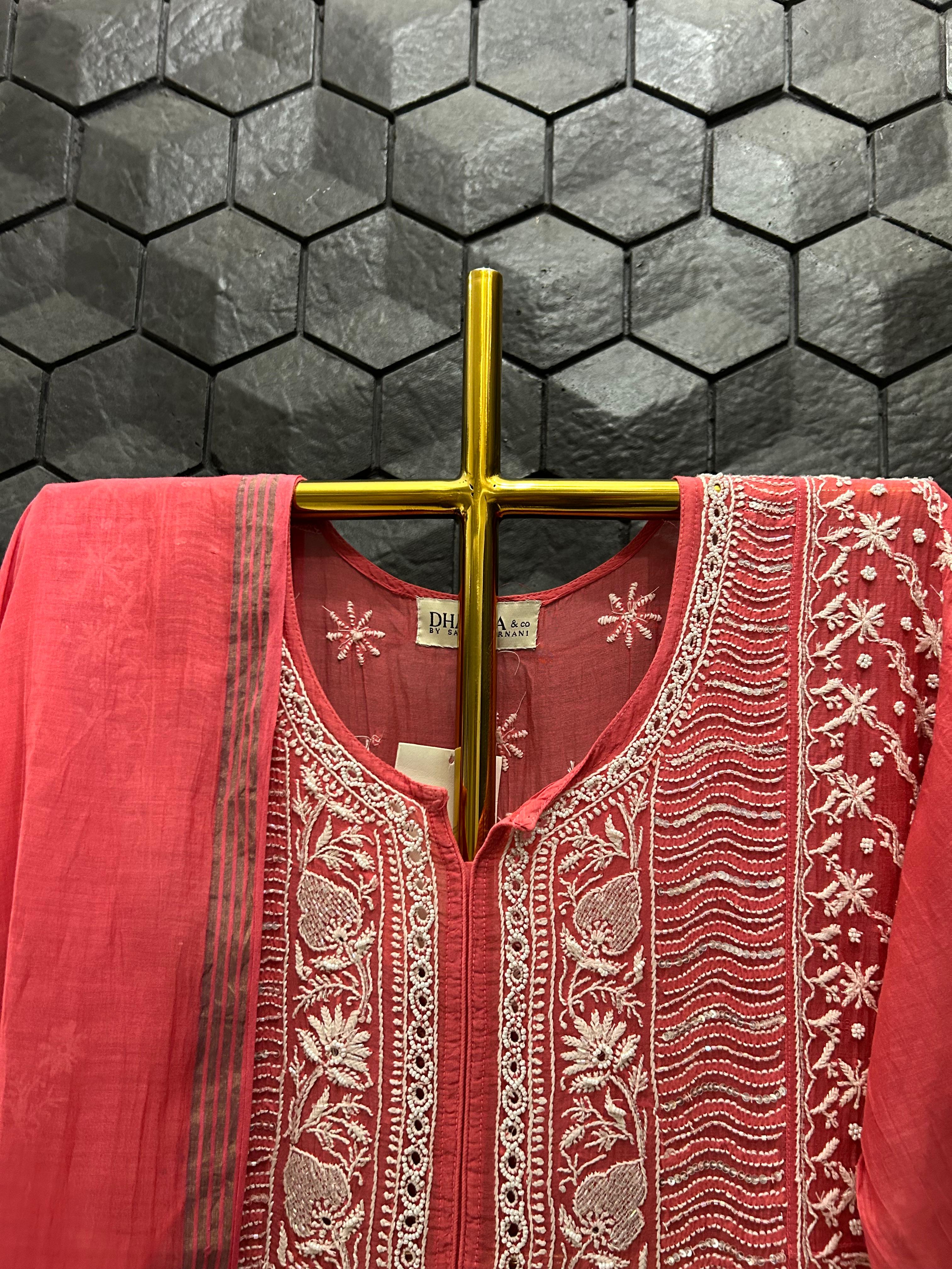 Fuschia mul chanderi chikankari kurta set