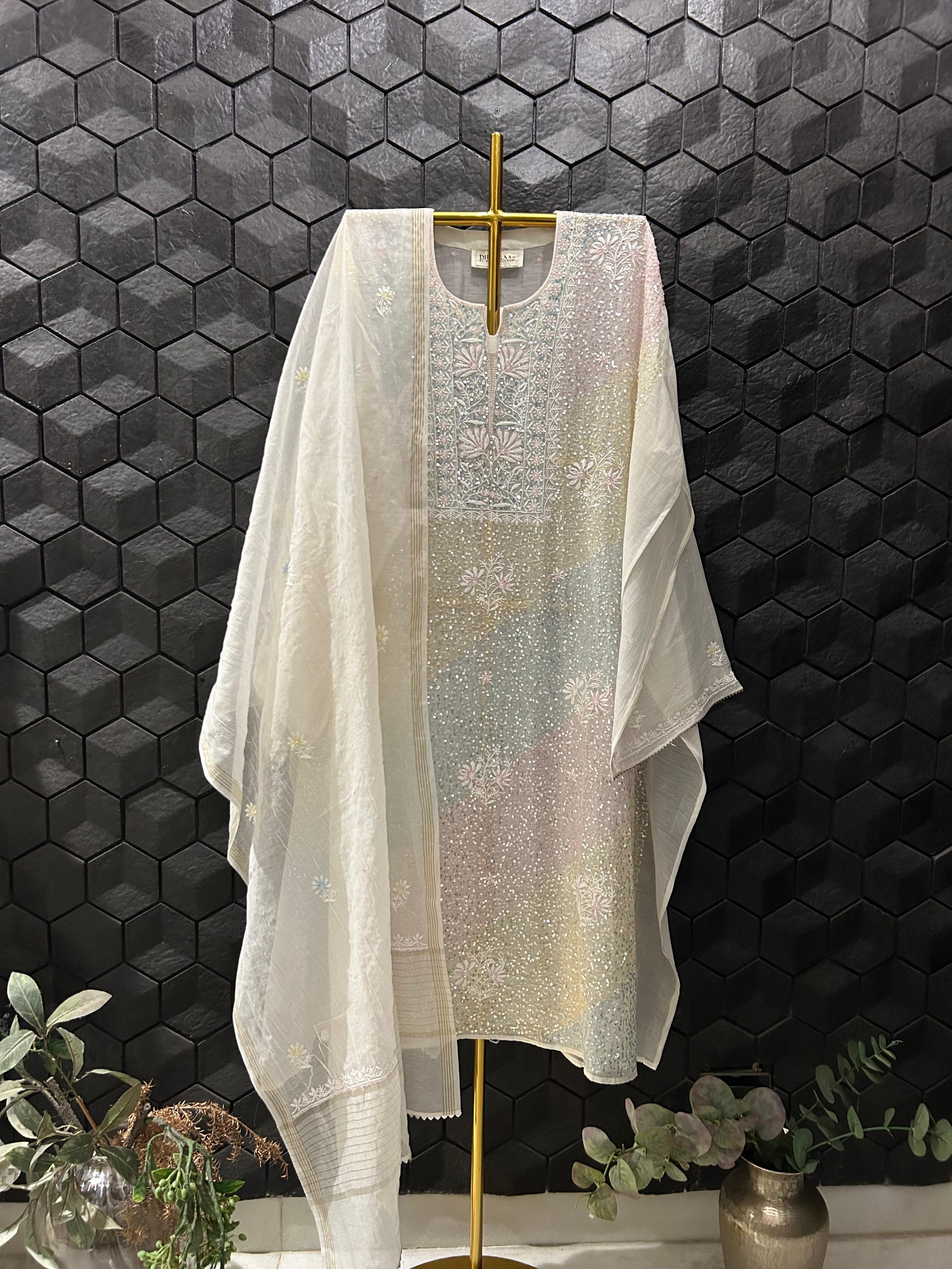White mul chanderi chikankari kurta set