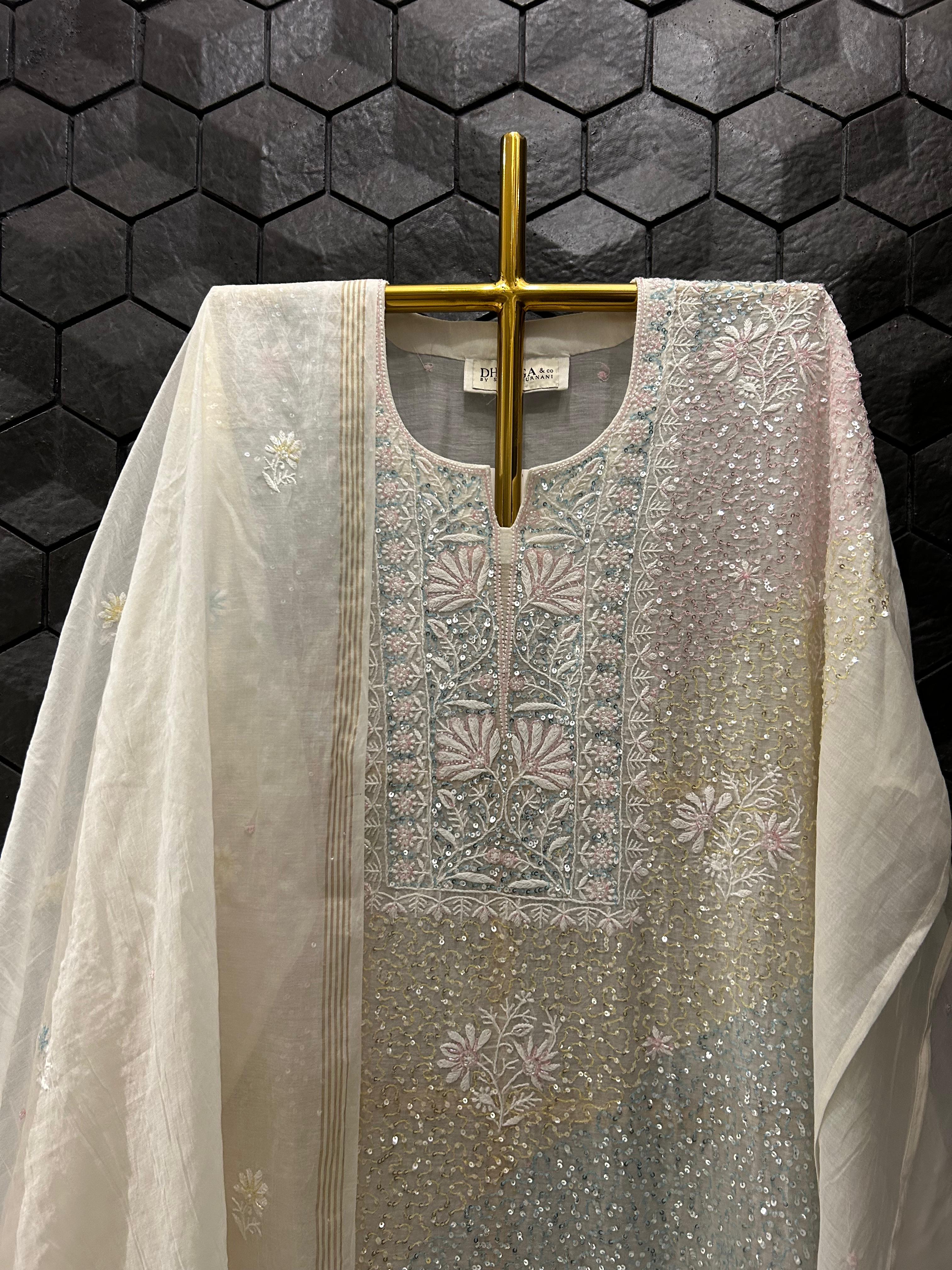 White mul chanderi chikankari kurta set