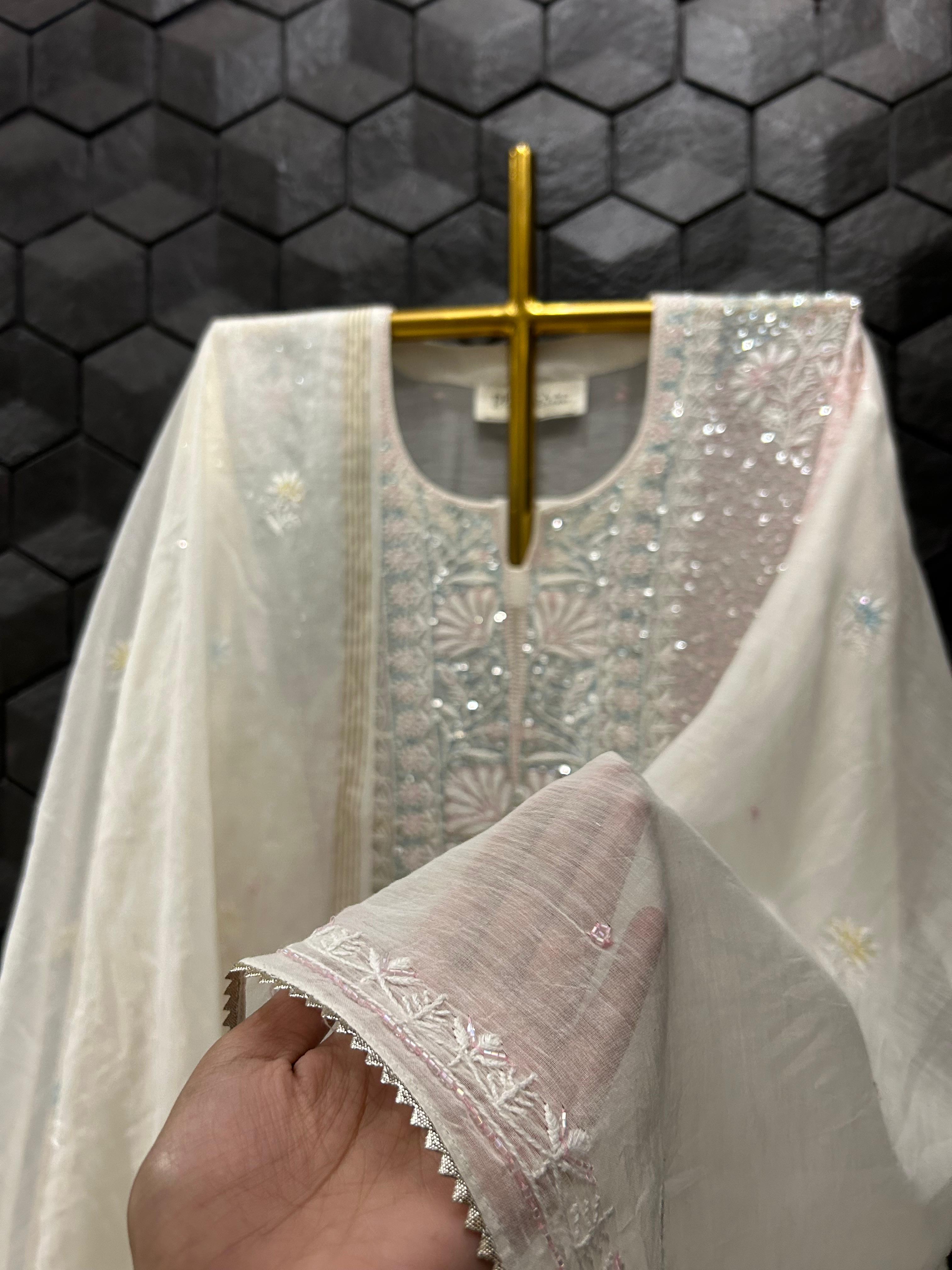 White mul chanderi chikankari kurta set