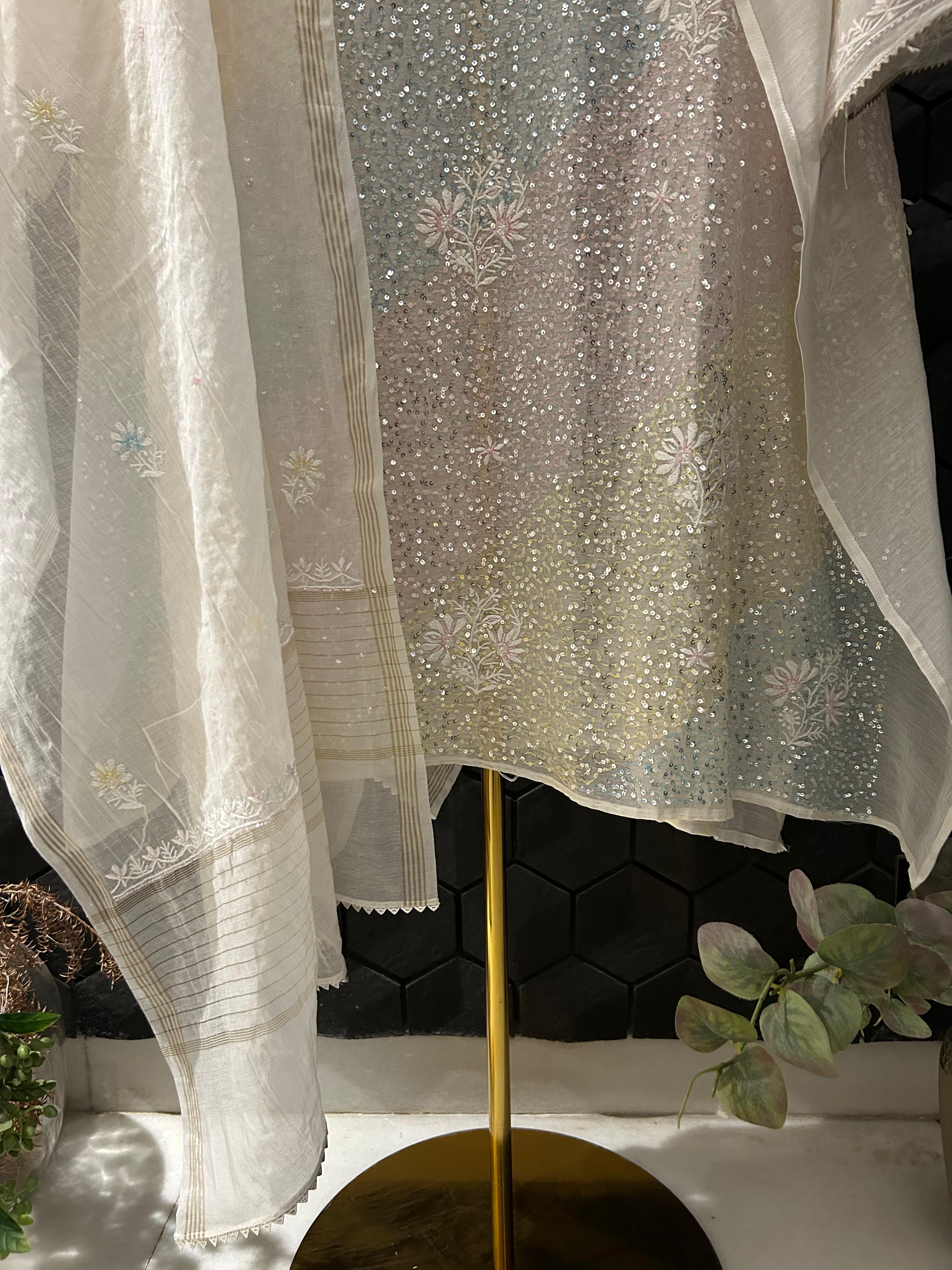 White mul chanderi chikankari kurta set