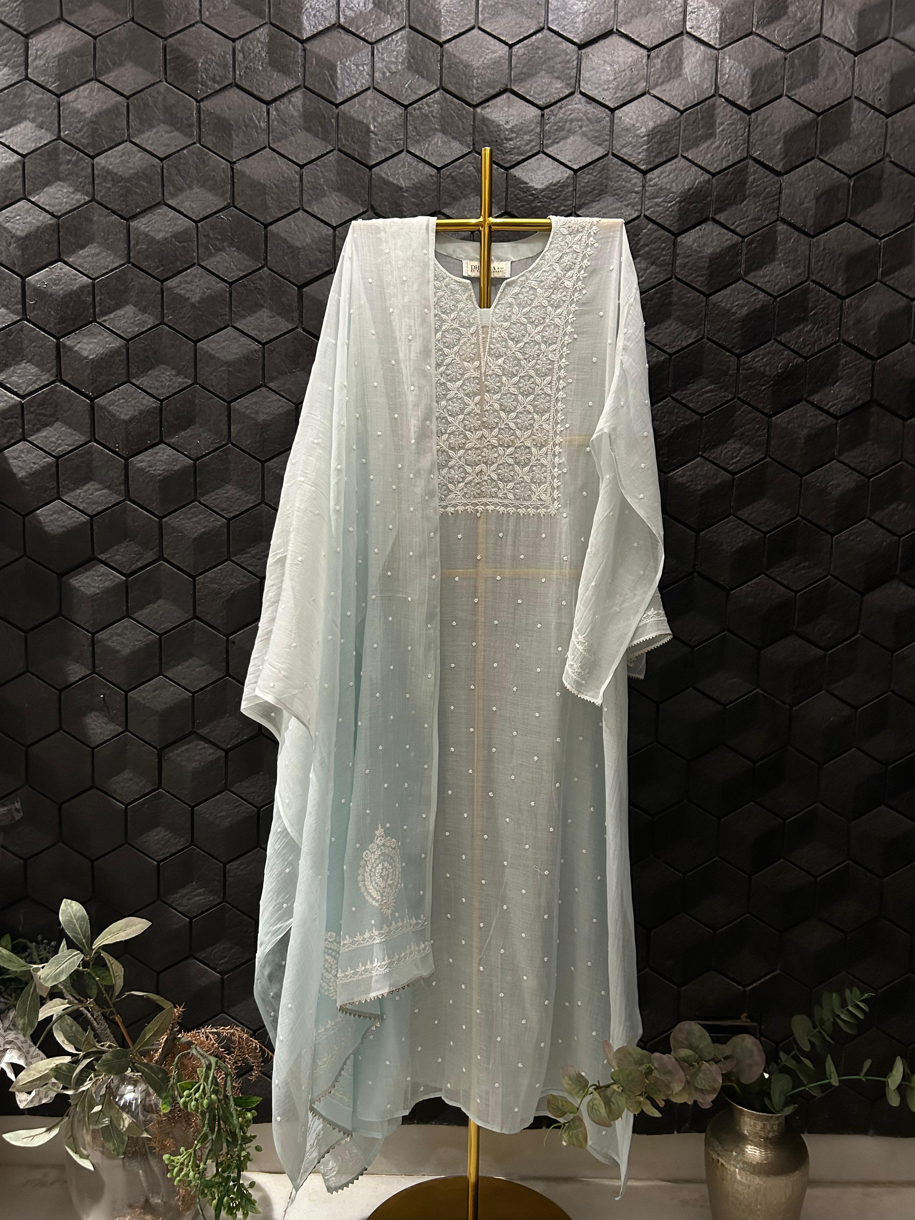 Blue Mul Chanderi Chikankari Kurta Set