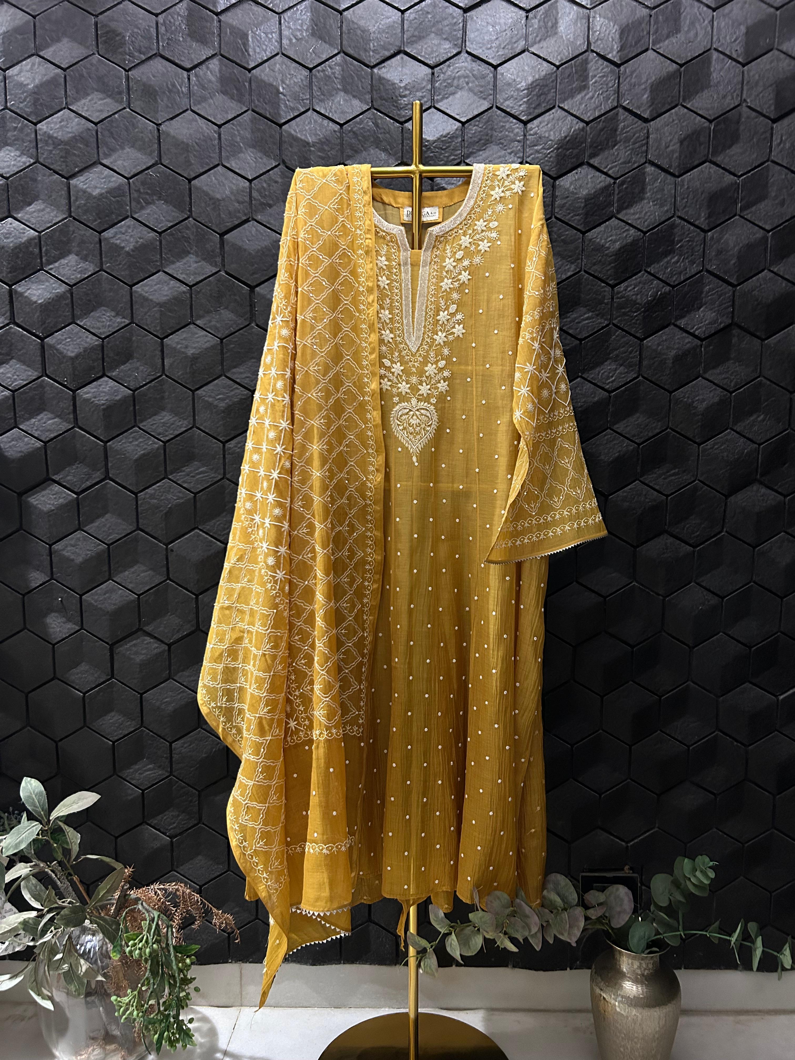 Mustard Mul Chanderi Chikankari Anarkali Set