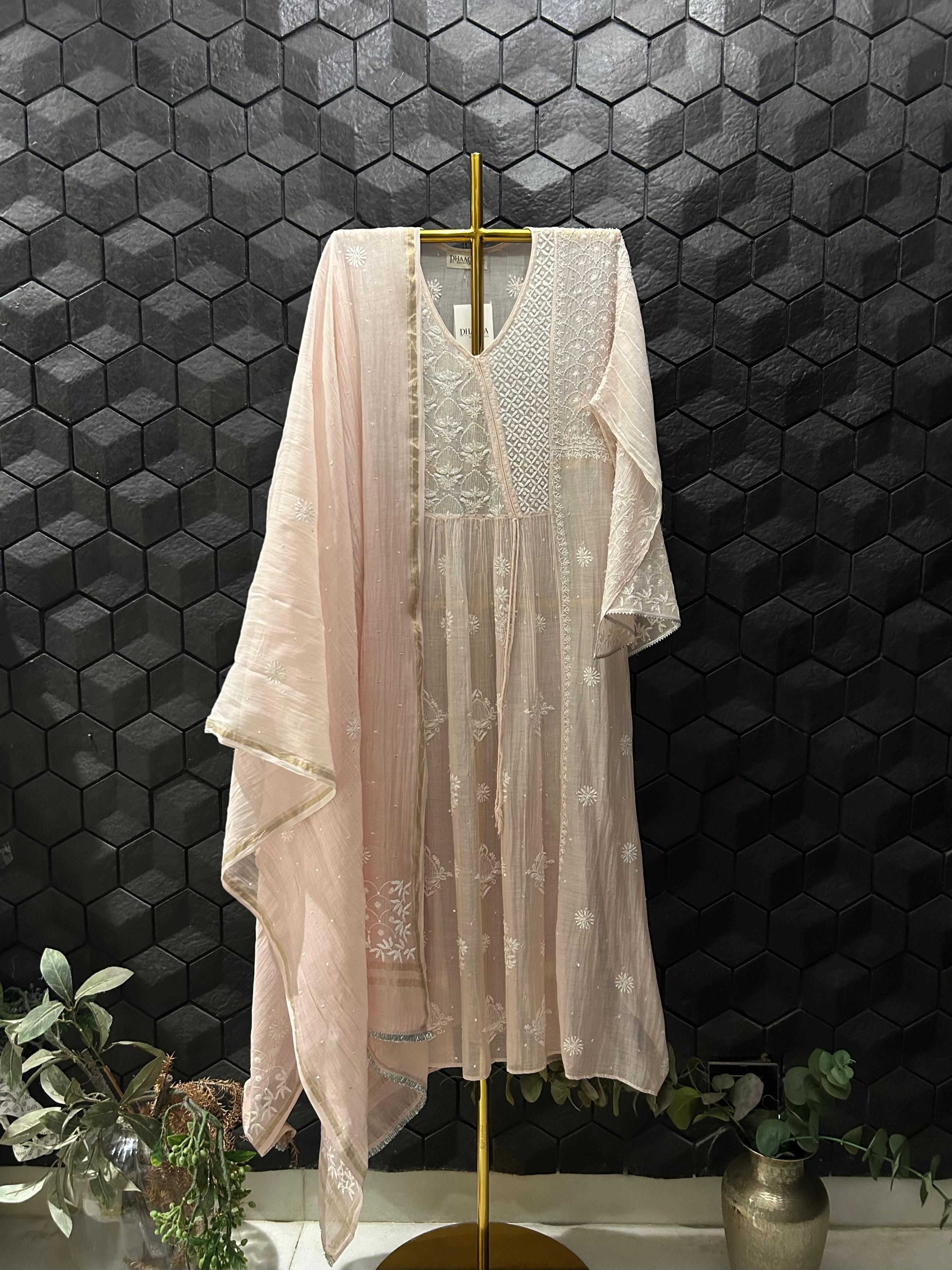 Pink Mul Chanderi Chikankari Kurta Set