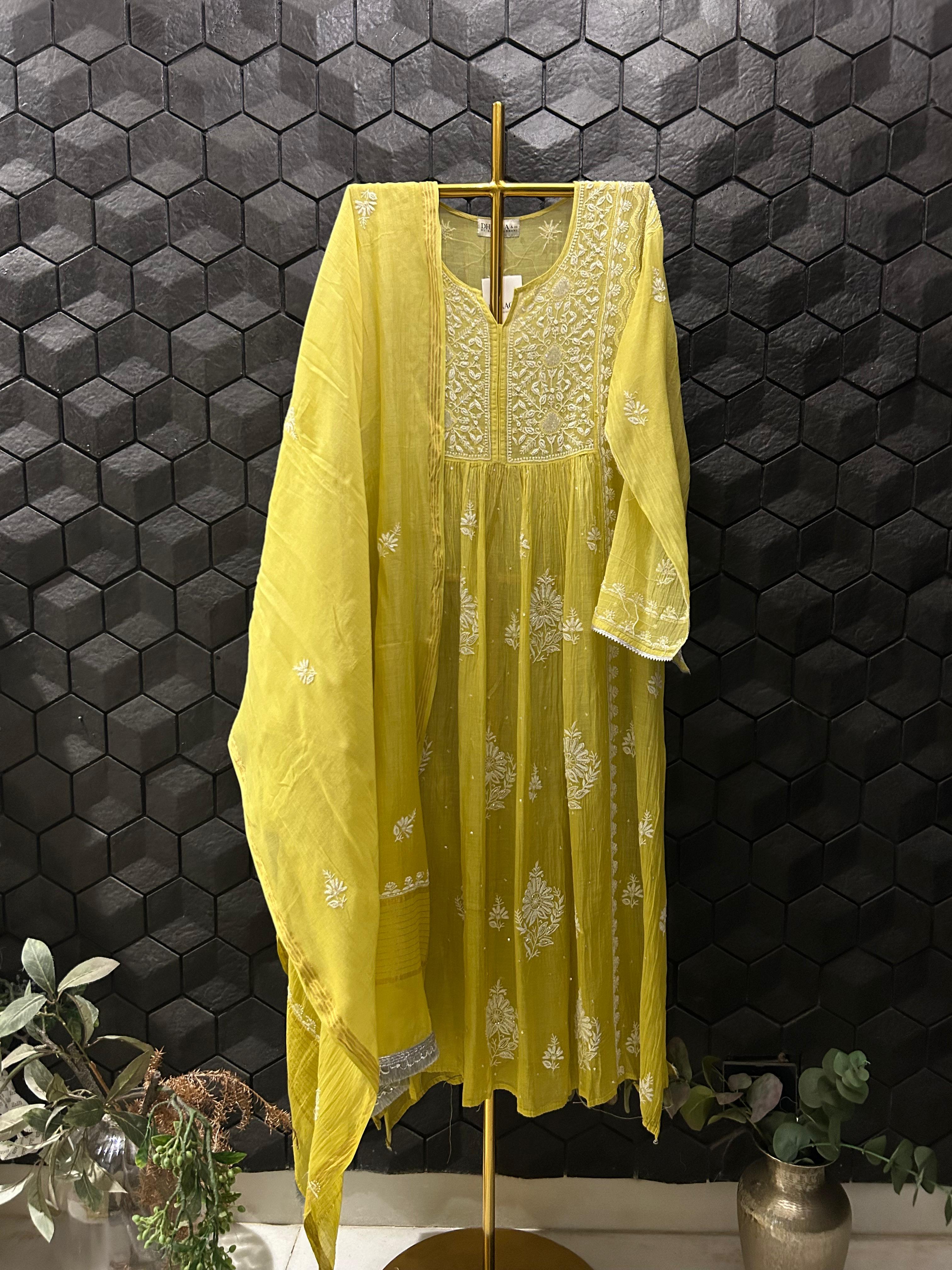 Green Mul Chanderi Chikankari Kurta Set