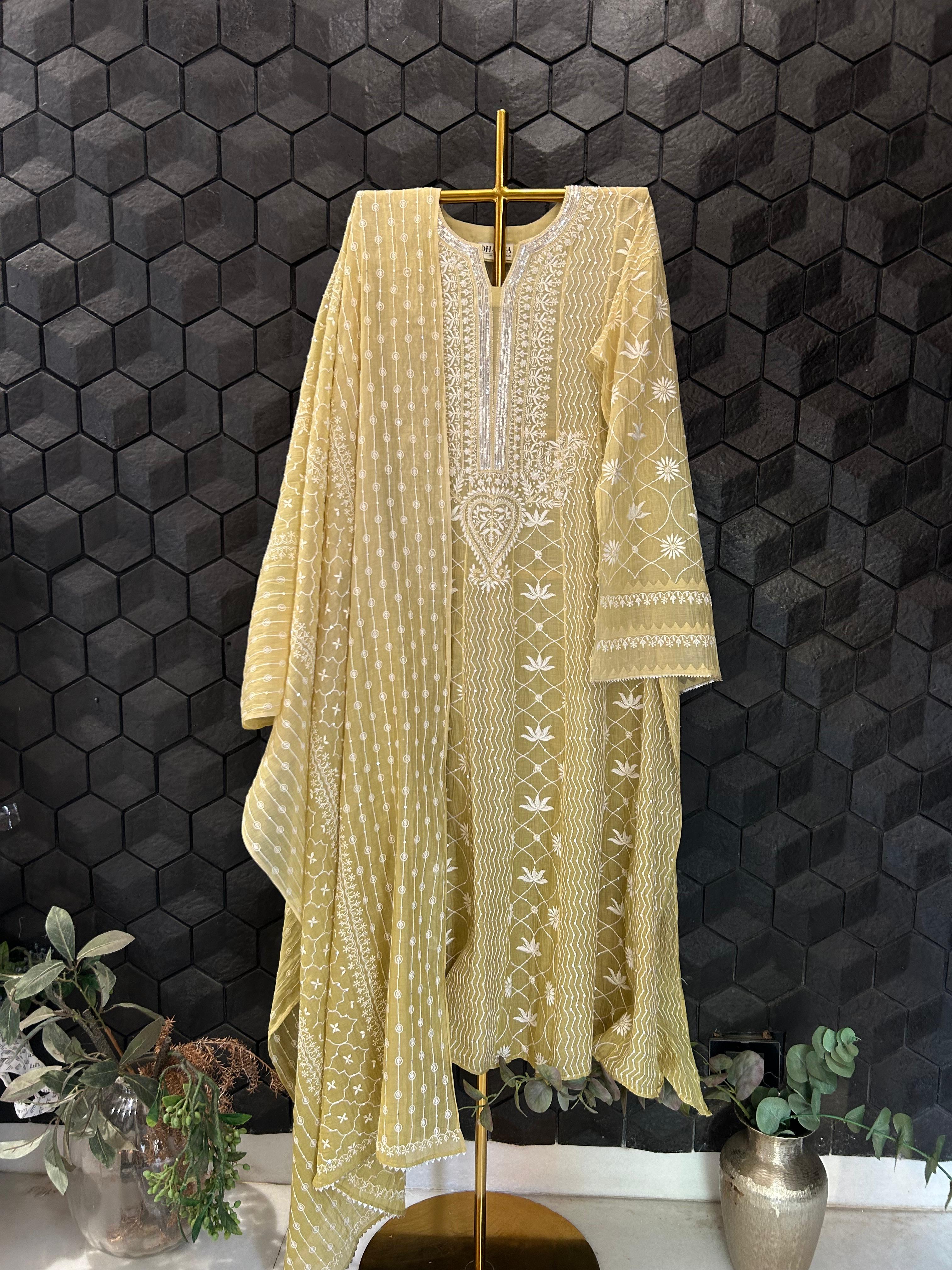 Green Mul Chanderi Chikankari Anarkali Set