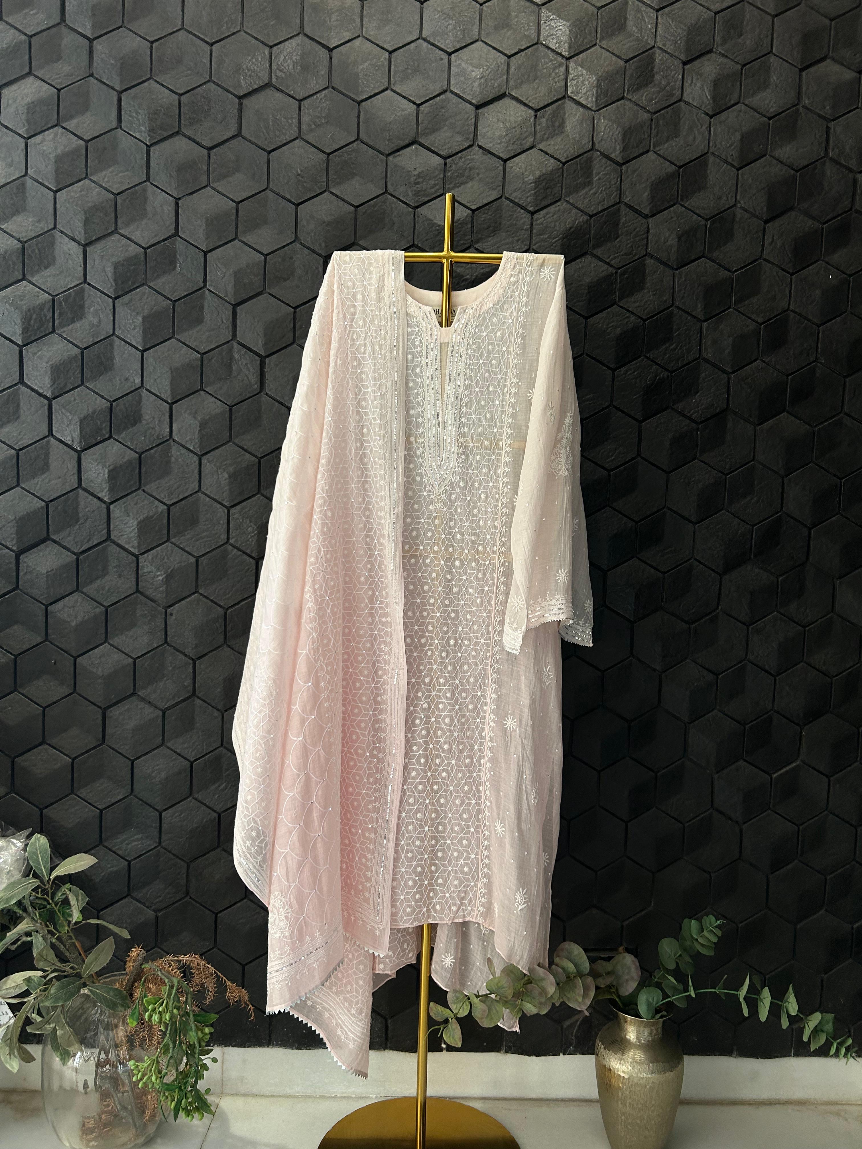 Pink Mul Chanderi Chikankari Kurta Set