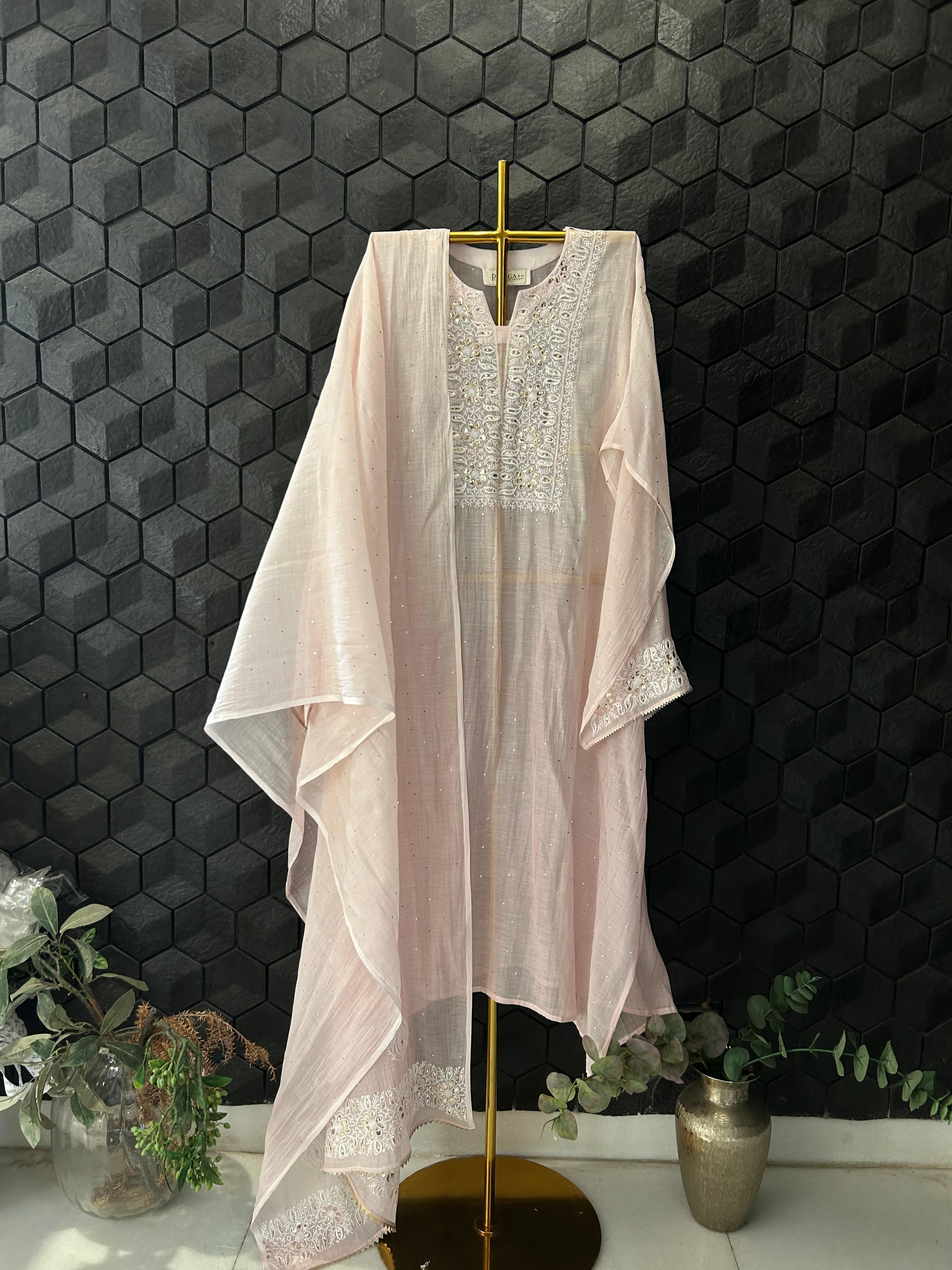 Pink Mul Chanderi Chikankari Mukaish Kurta Set