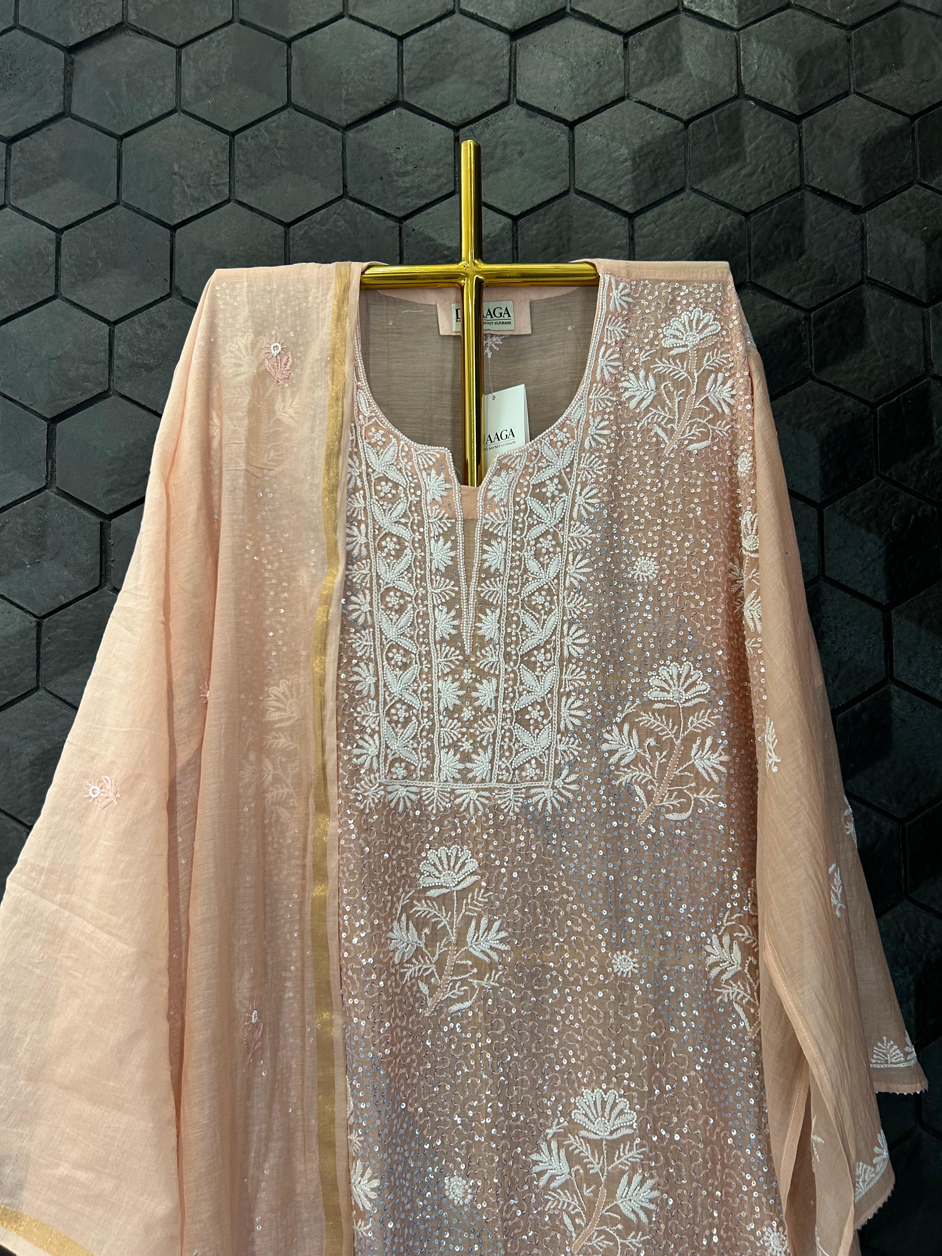 Peach mul chanderi chikankari kurta set