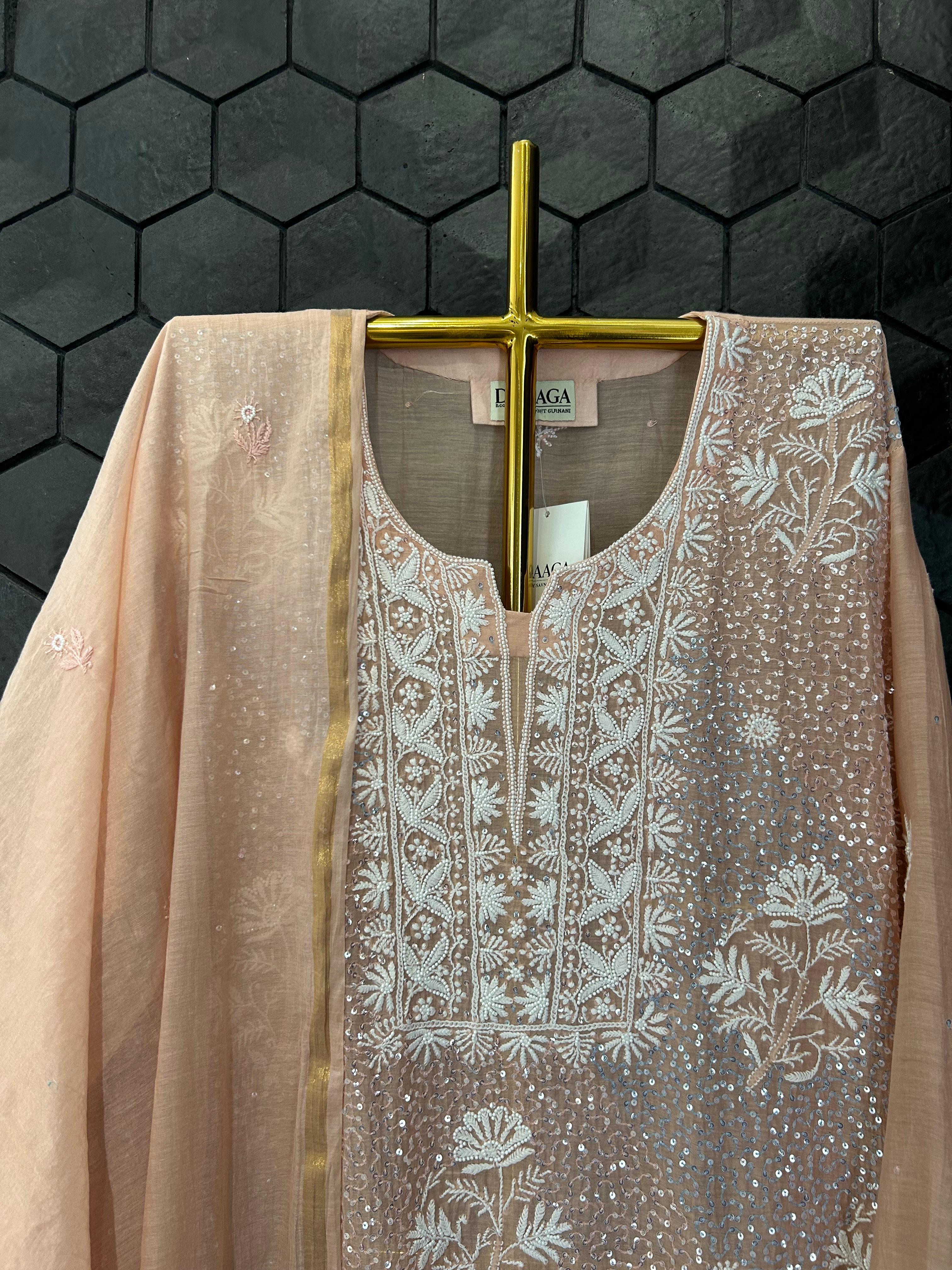 Peach mul chanderi chikankari kurta set