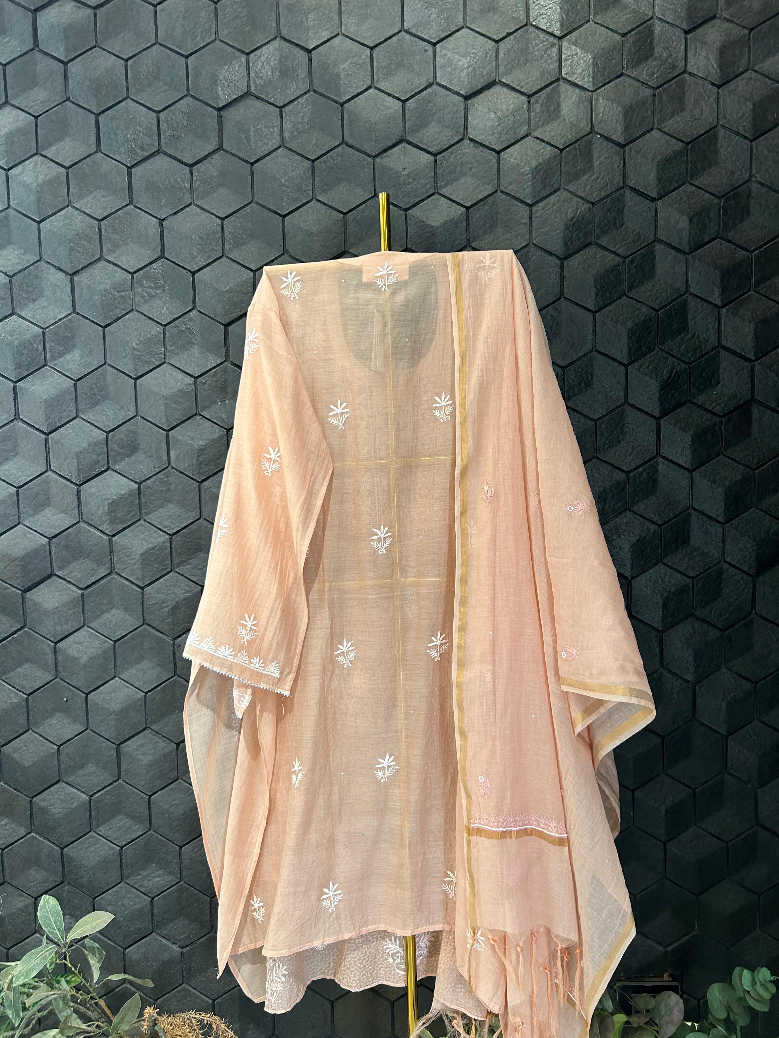 Peach mul chanderi chikankari kurta set