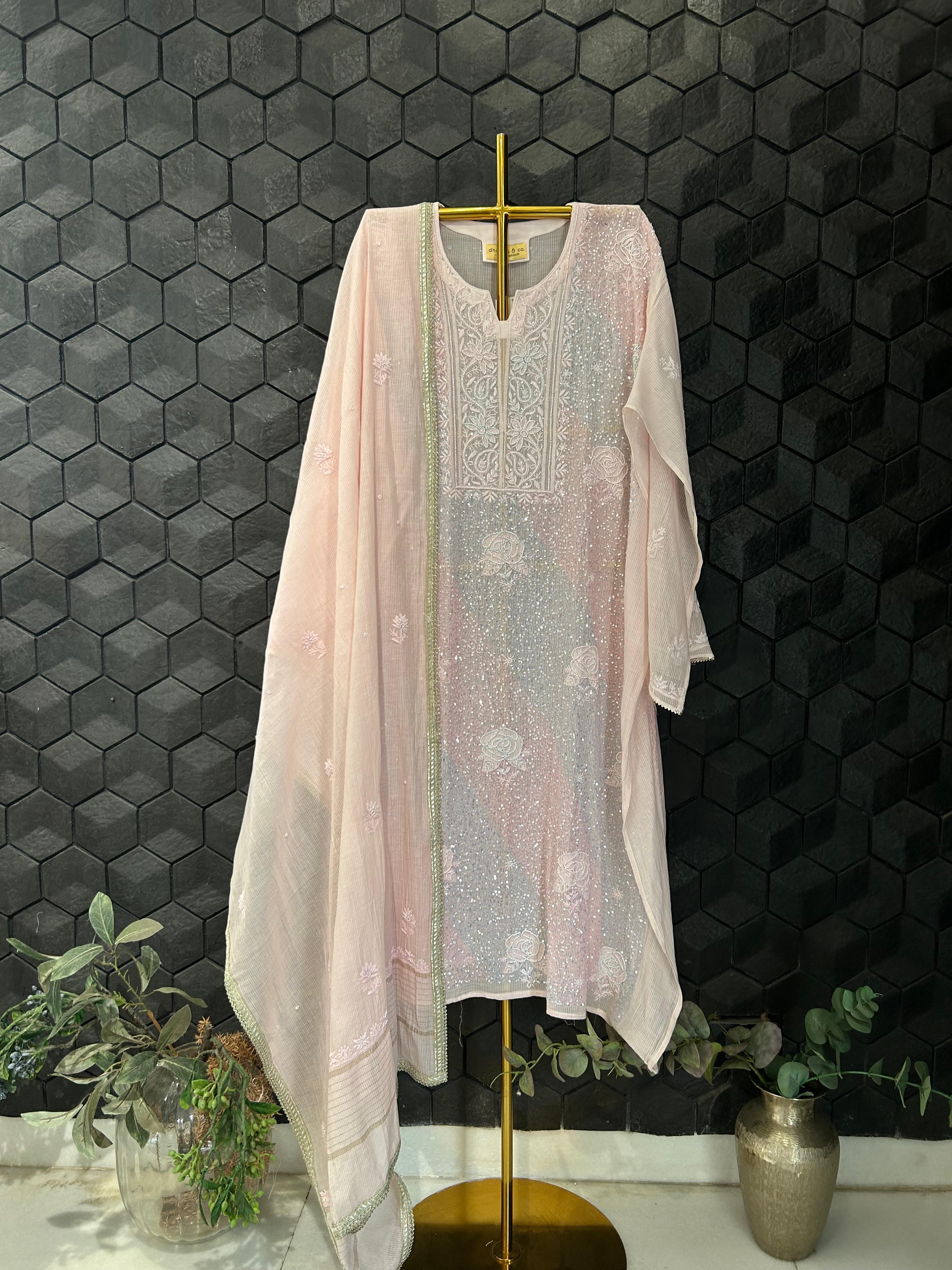 Pink chanderi chikankari kurta set