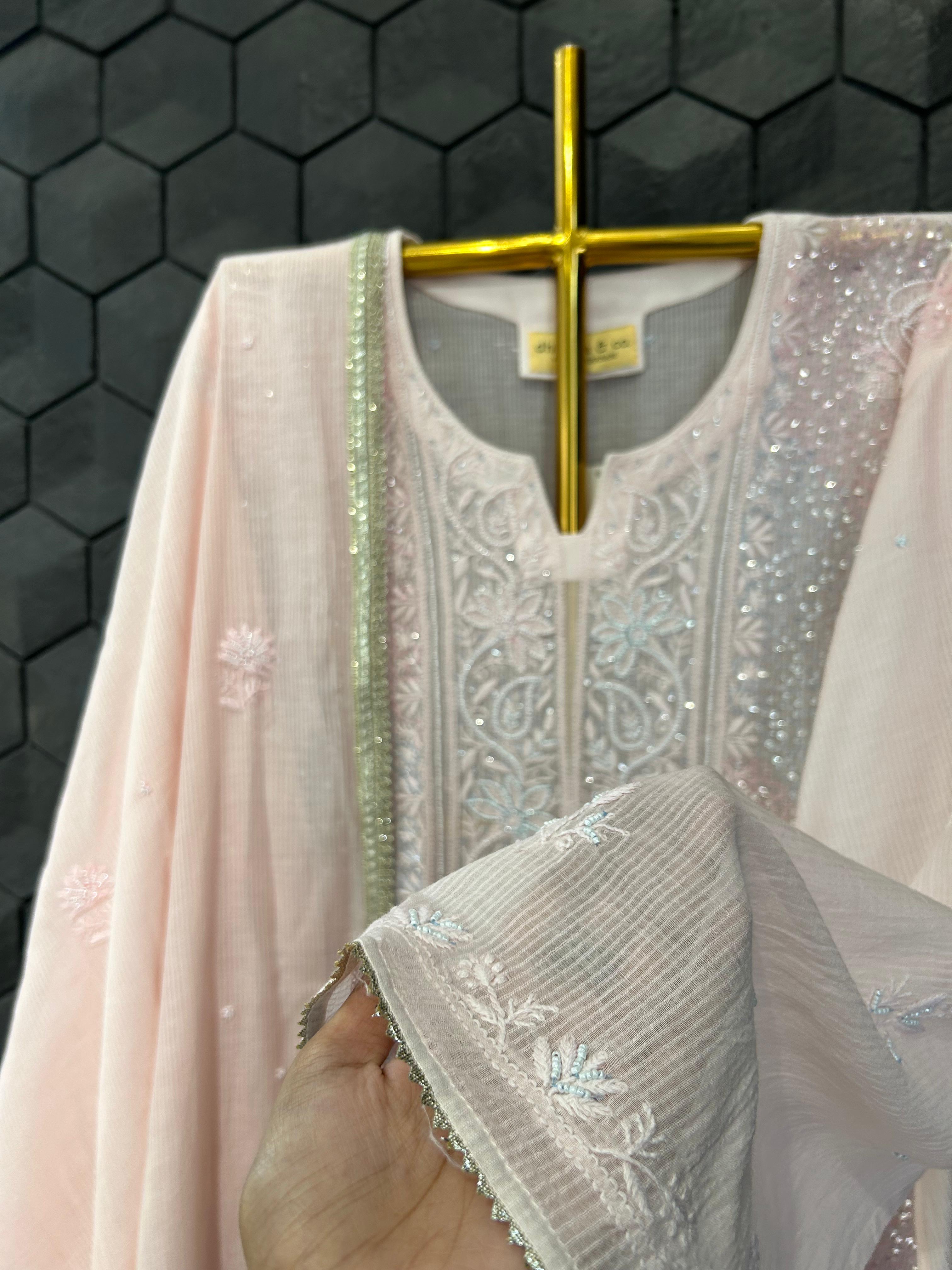 Pink chanderi chikankari kurta set