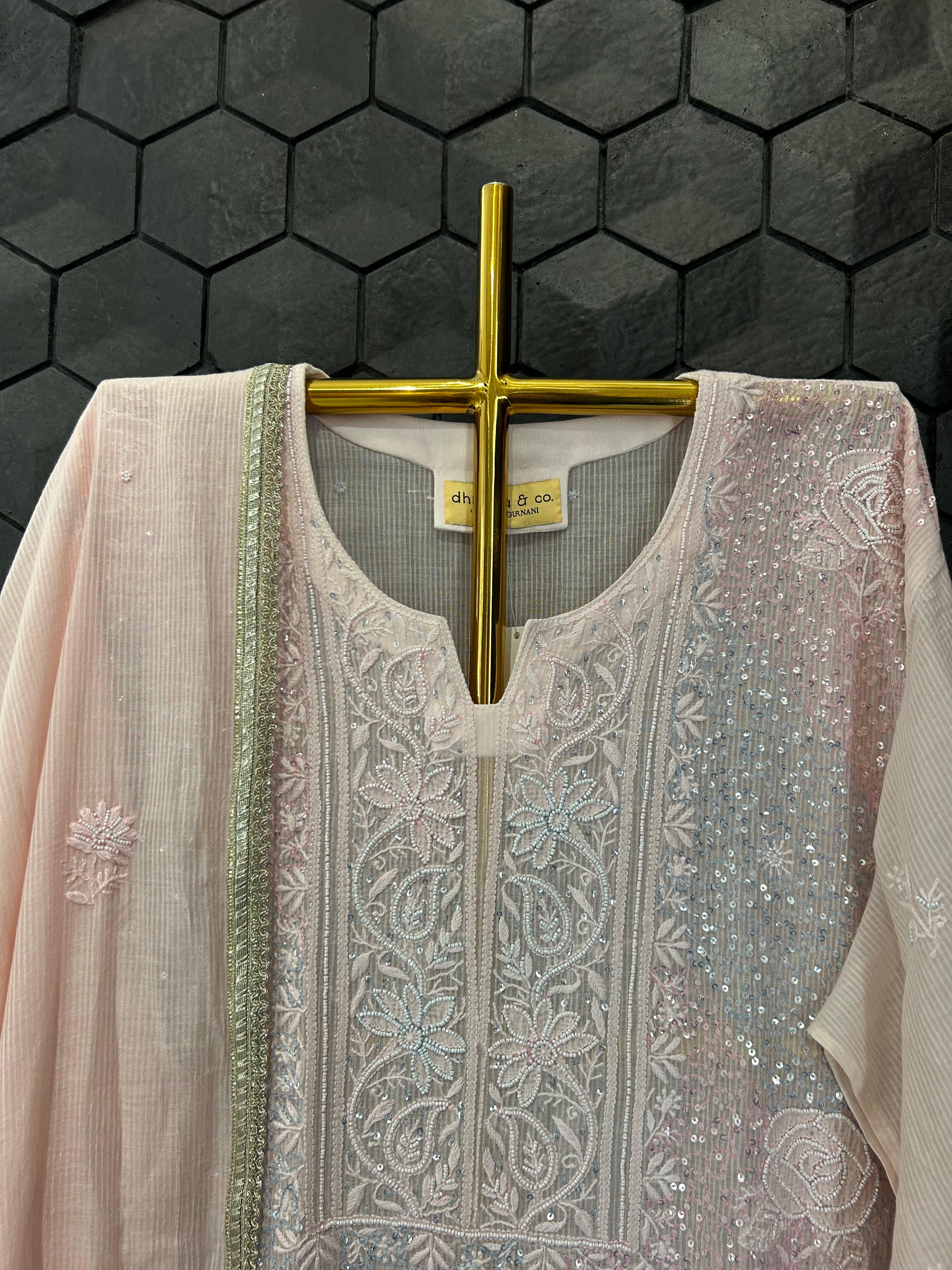 Pink chanderi chikankari kurta set