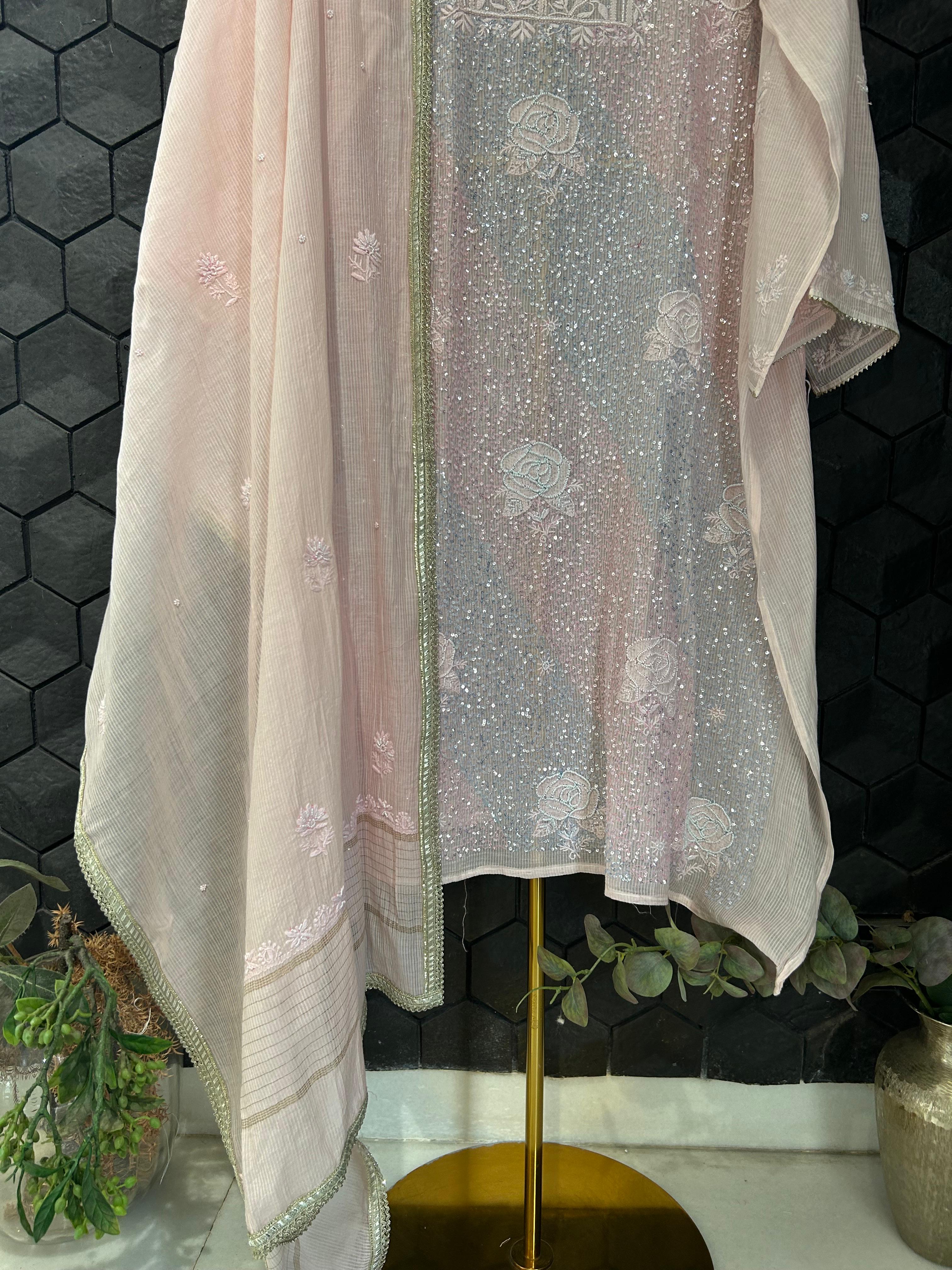 Pink chanderi chikankari kurta set